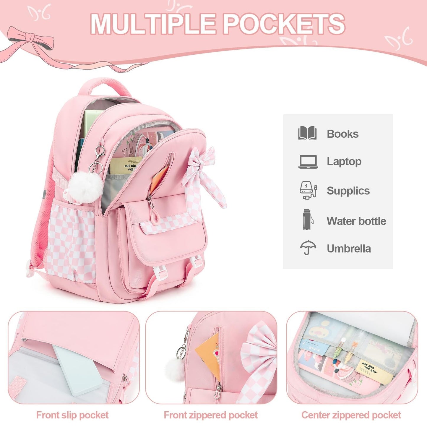 Girls Bow Backpack Set   3PCS with Lunch Bag & Pencil Case, Stylish School Bag3