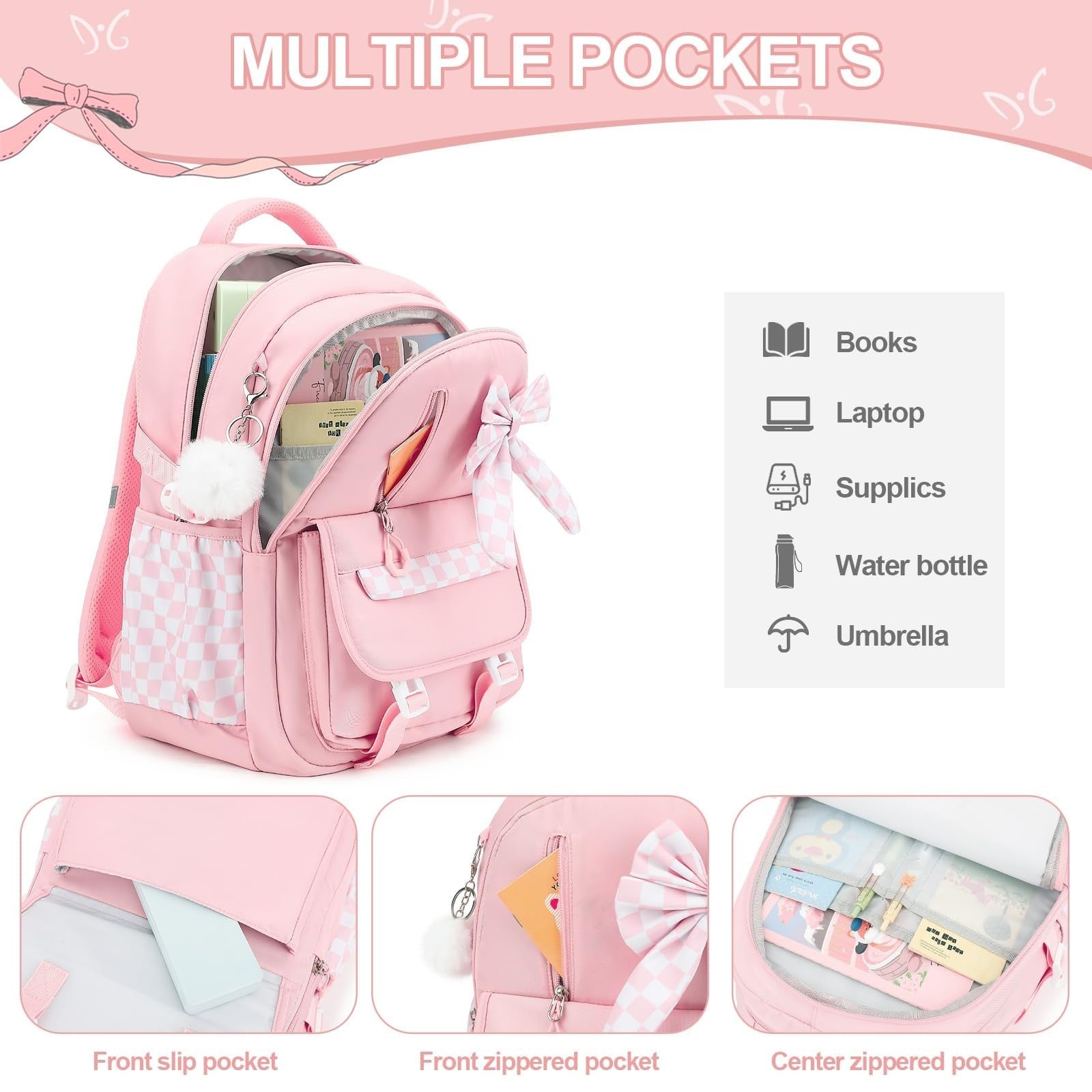 Girls Bow Backpack Set   3PCS with Lunch Bag & Pencil Case, Stylish School Bag3