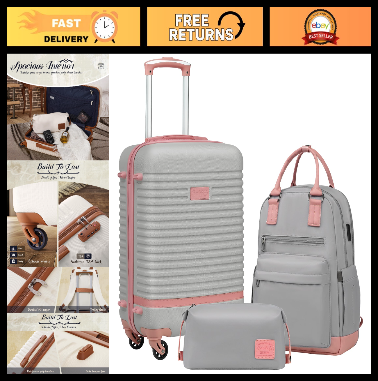 3-Piece Carry-On Luggage Set, Gray Pink - 360° Spinner Wheels, USB Pockets, Wate0