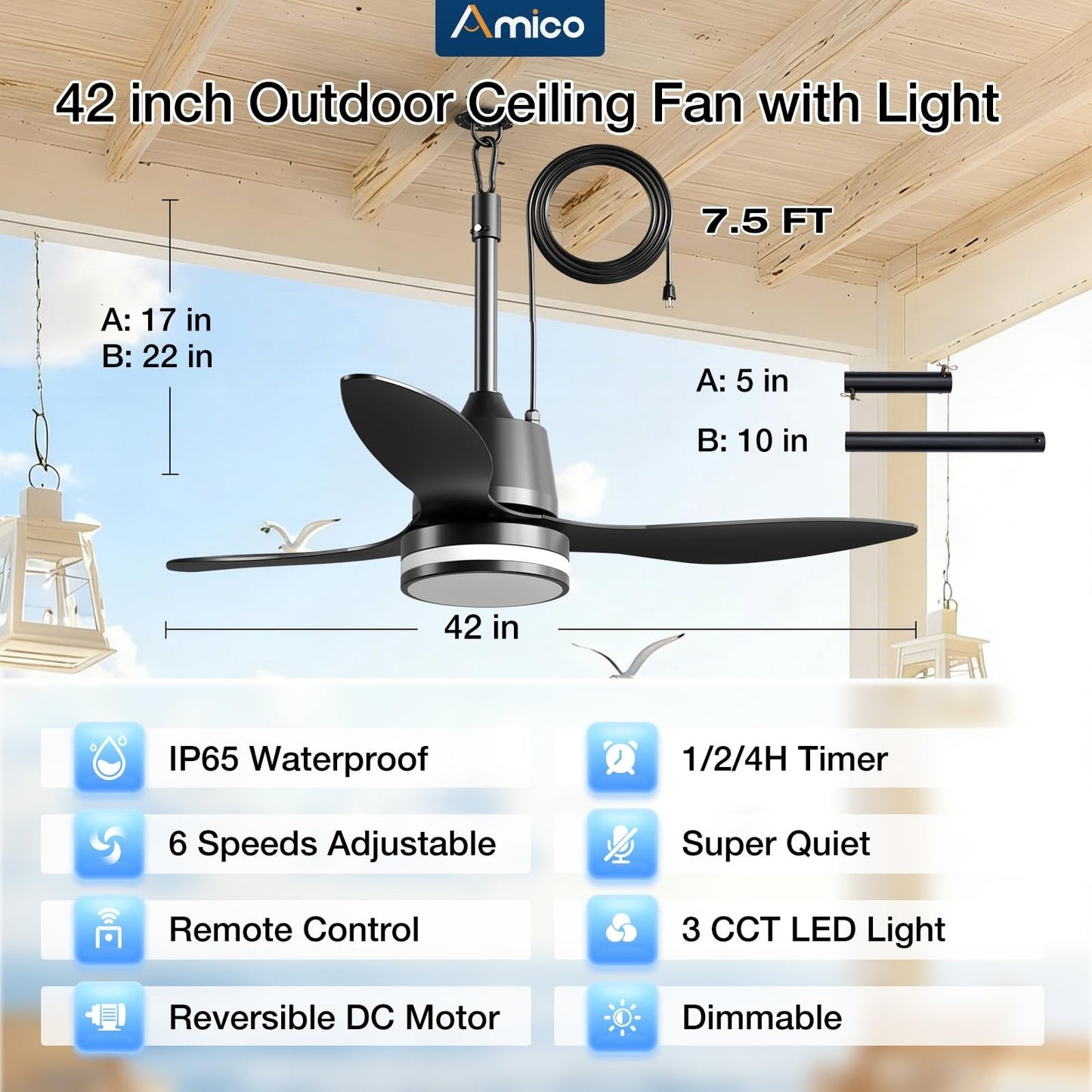42" Outdoor Ceiling Fan with Lights, Waterproof Gazebo Fan, Remote Control, 6 Sp2