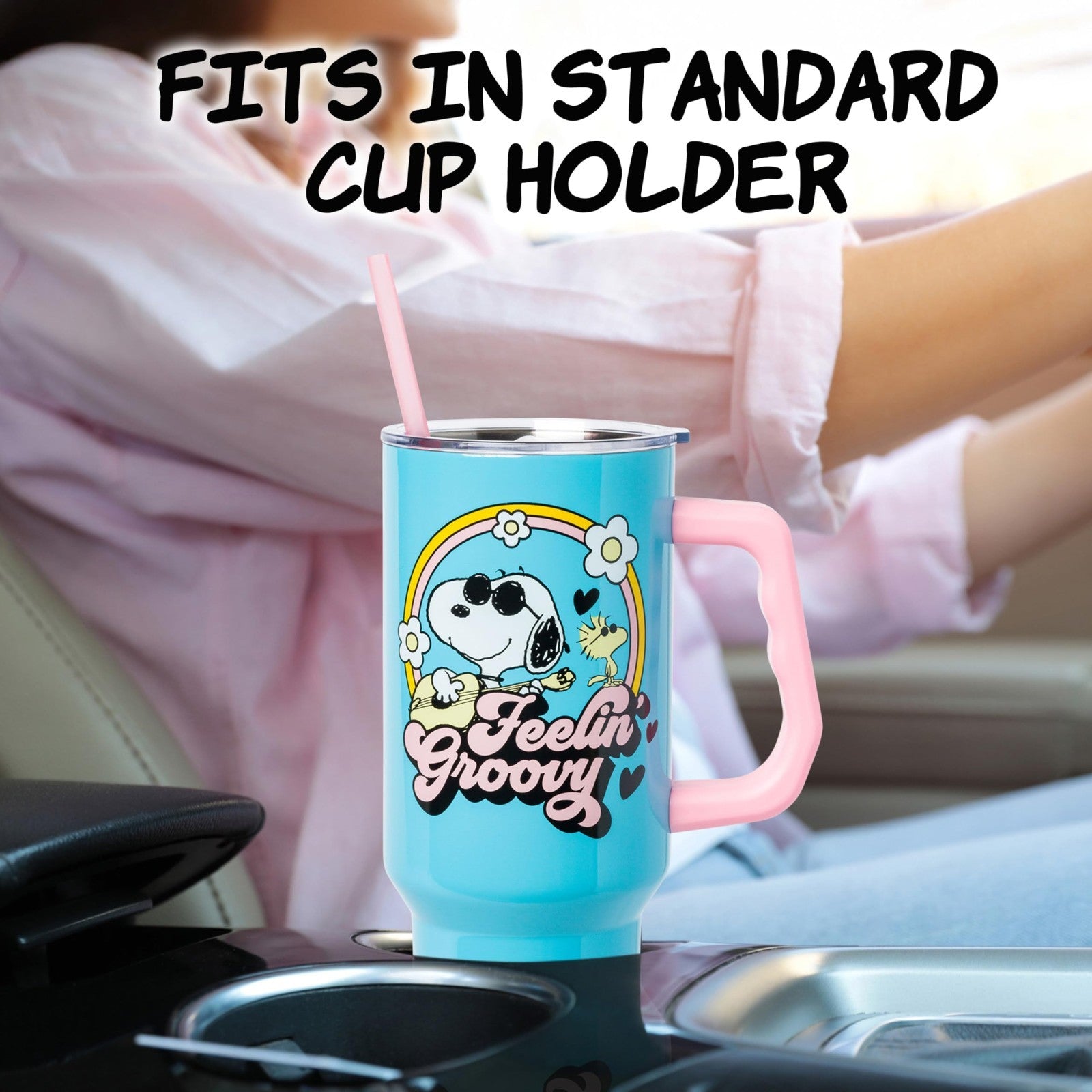 40oz Double Walled Stainless Steel Tumbler with Handle & Straw   Snoopy & Woodst5