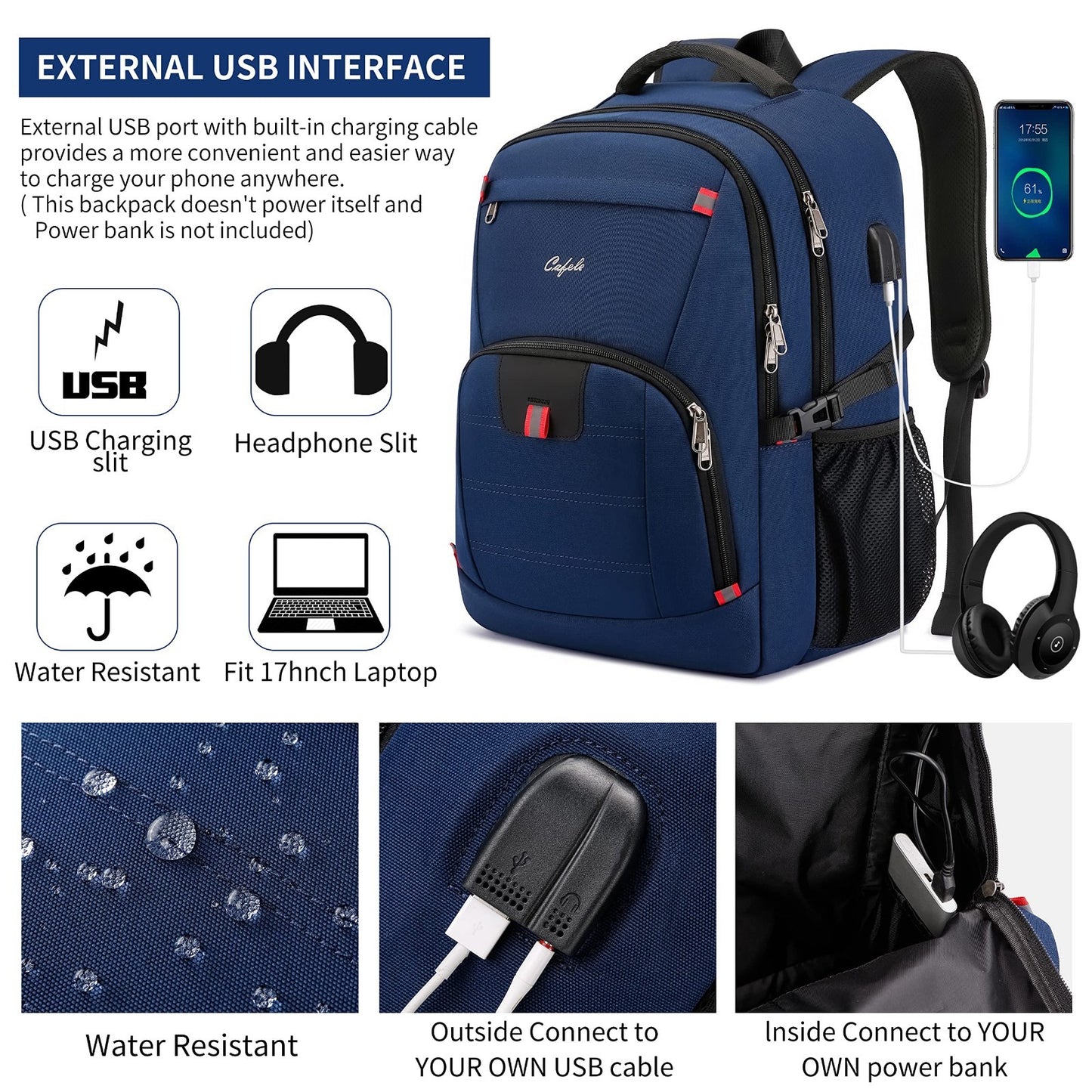 Water Resistant 17.3" Laptop Backpack   College School Bookbag, USB Charging Por3