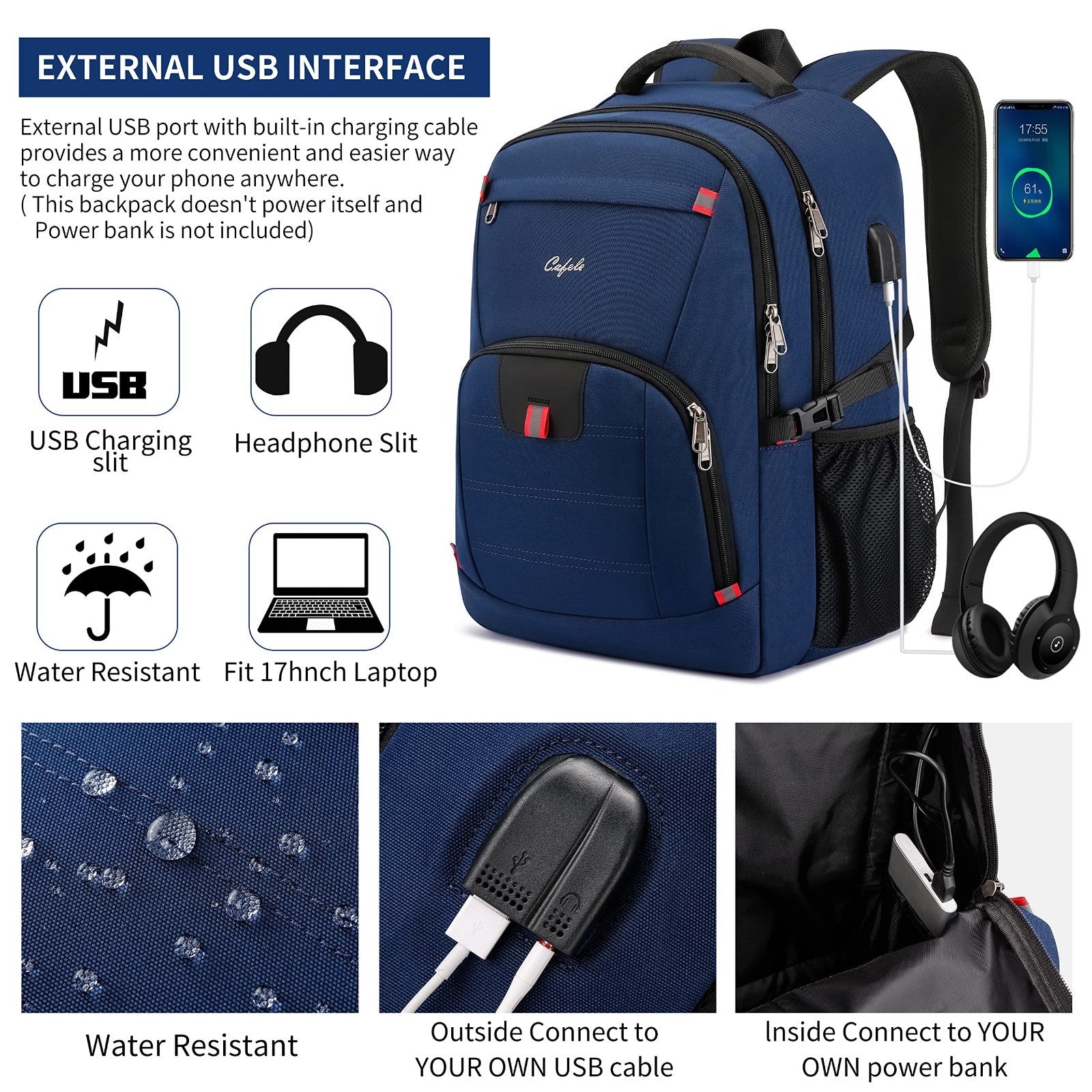Water Resistant 17.3" Laptop Backpack   College School Bookbag, USB Charging Por3