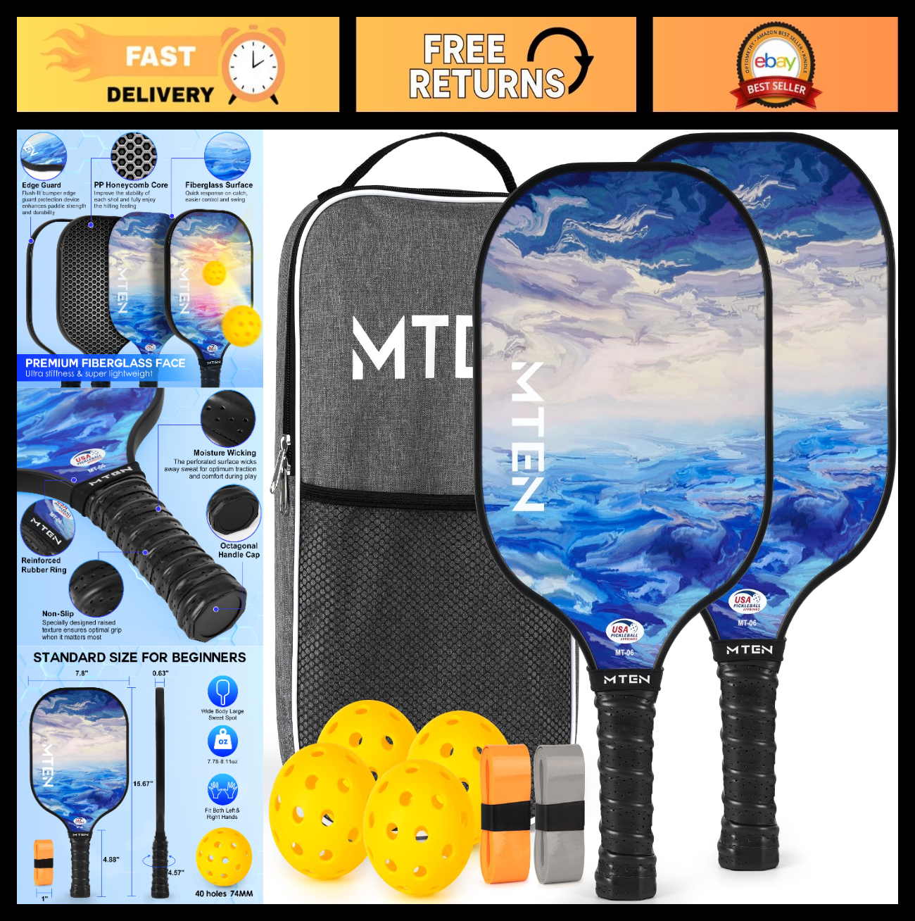 Pickleball Paddle Set of 2/4/1 - USAPA Approved Fiberglass Rackets, Lightweight0