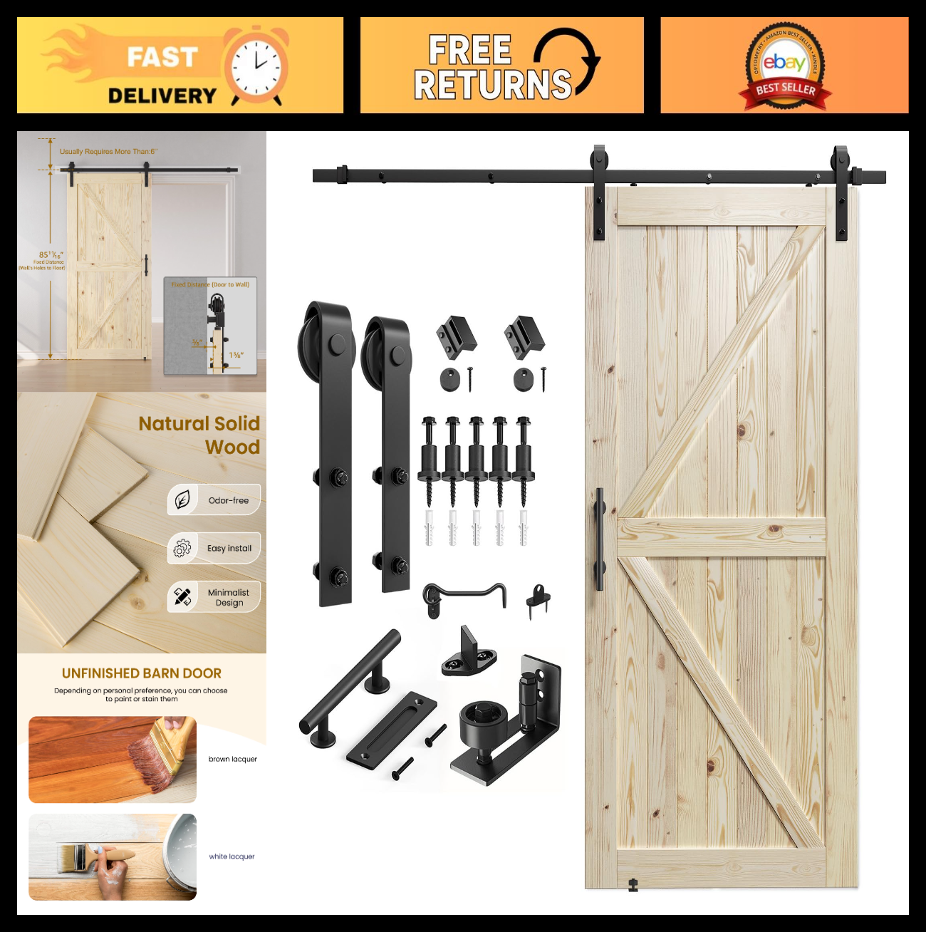 42"x84" Unfinished Solid Spruce Wood Sliding Barn Door & 7ft Hardware Kit, DIY,0