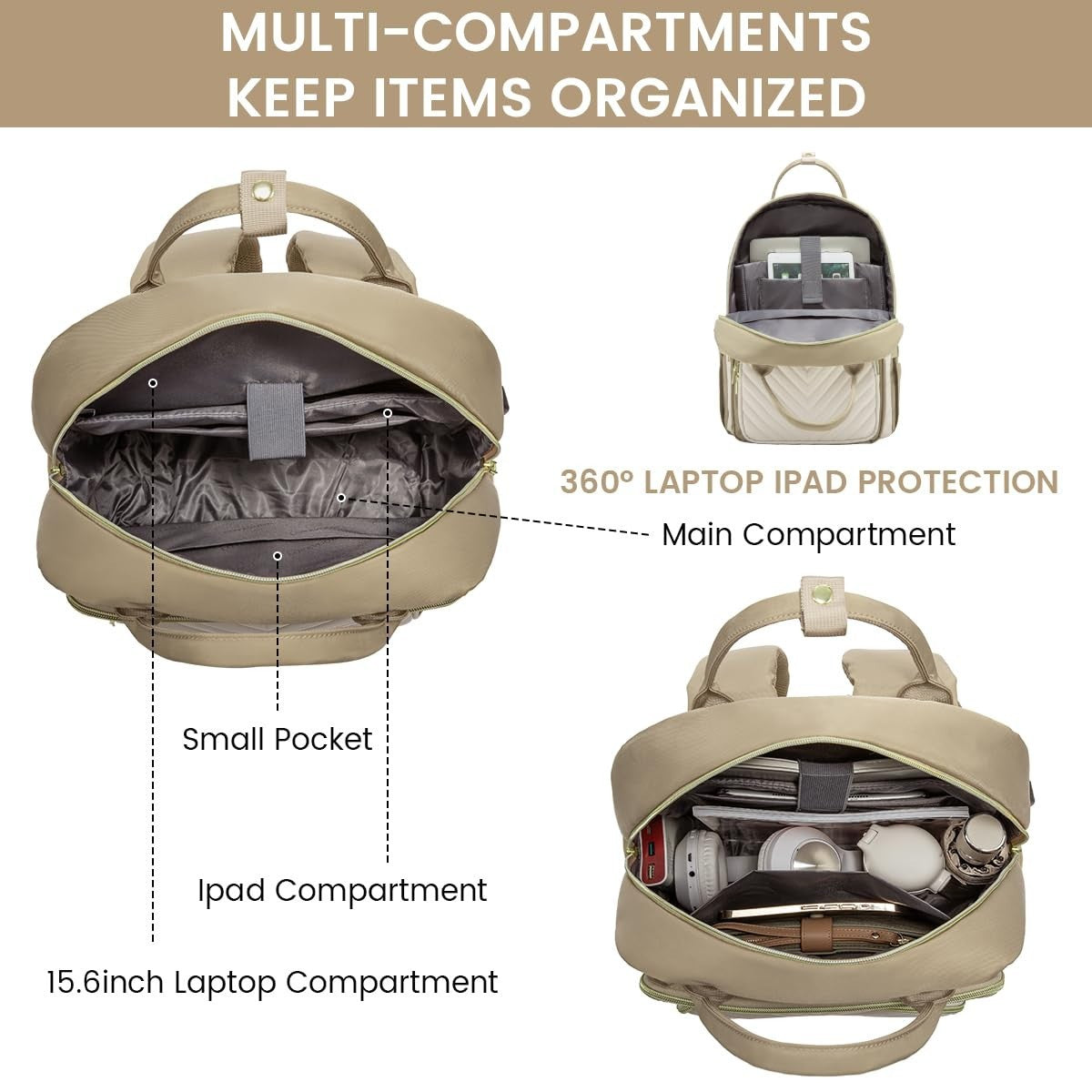 Large Capacity 15.6" Laptop Backpack for Women, Waterproof Travel Day Pack, Khak5
