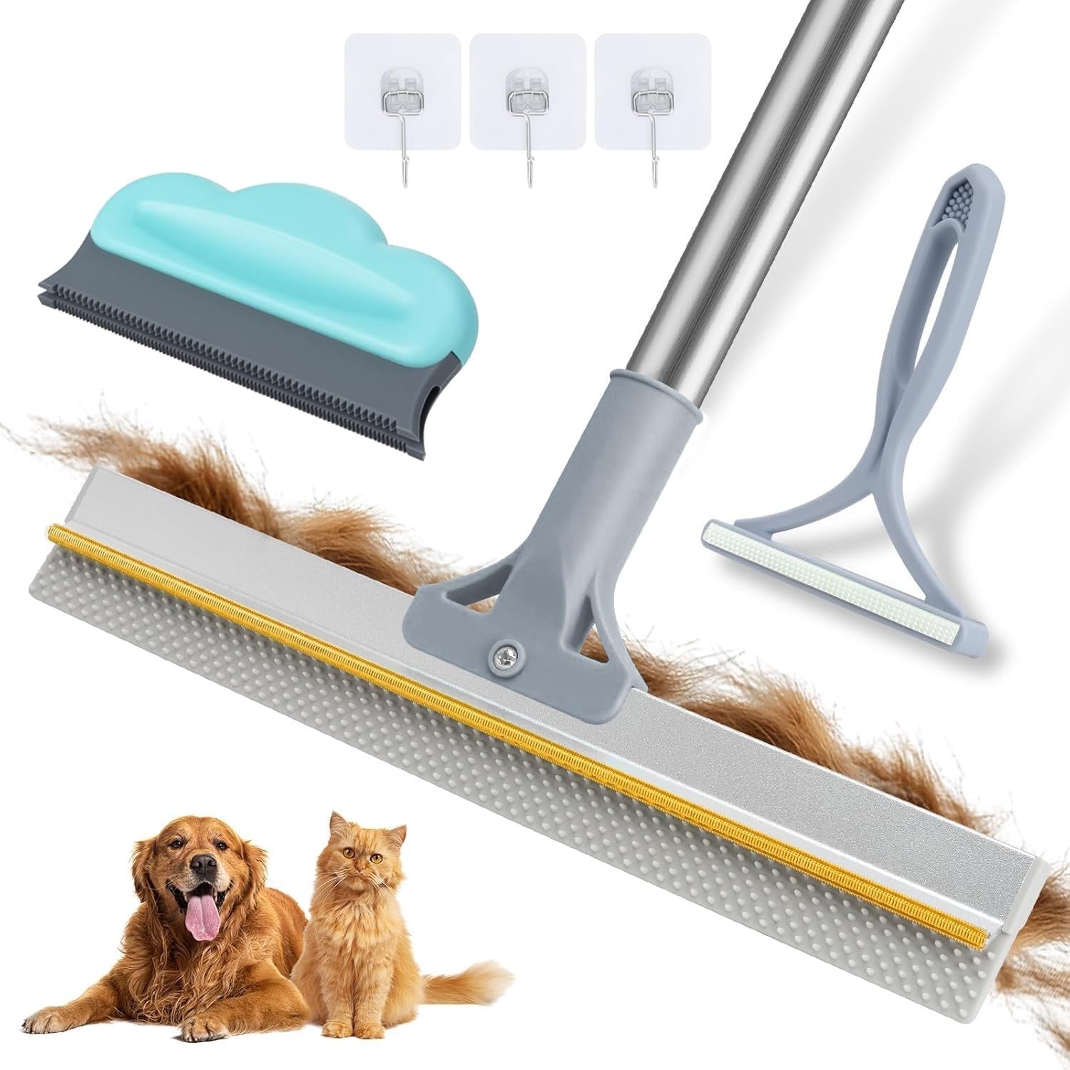 Pet Hair Removal Carpet Rake Tool - Adjustable 54” Handle, 3 Pcs Brush for Rugs1