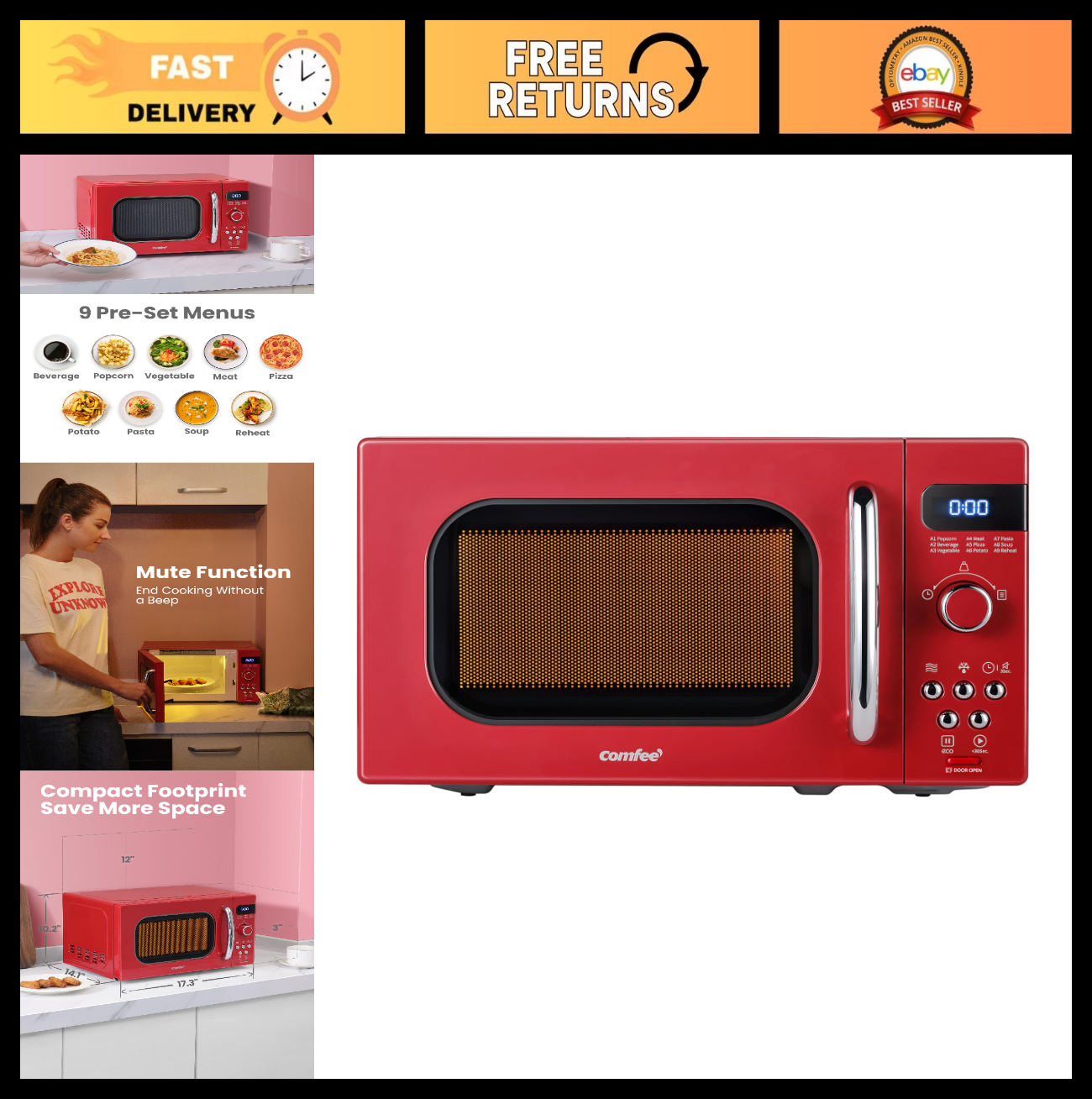 Retro Microwave Oven 0.7 Cu.Ft 700W   Compact, 9 Preset Menus, Stylish Red0