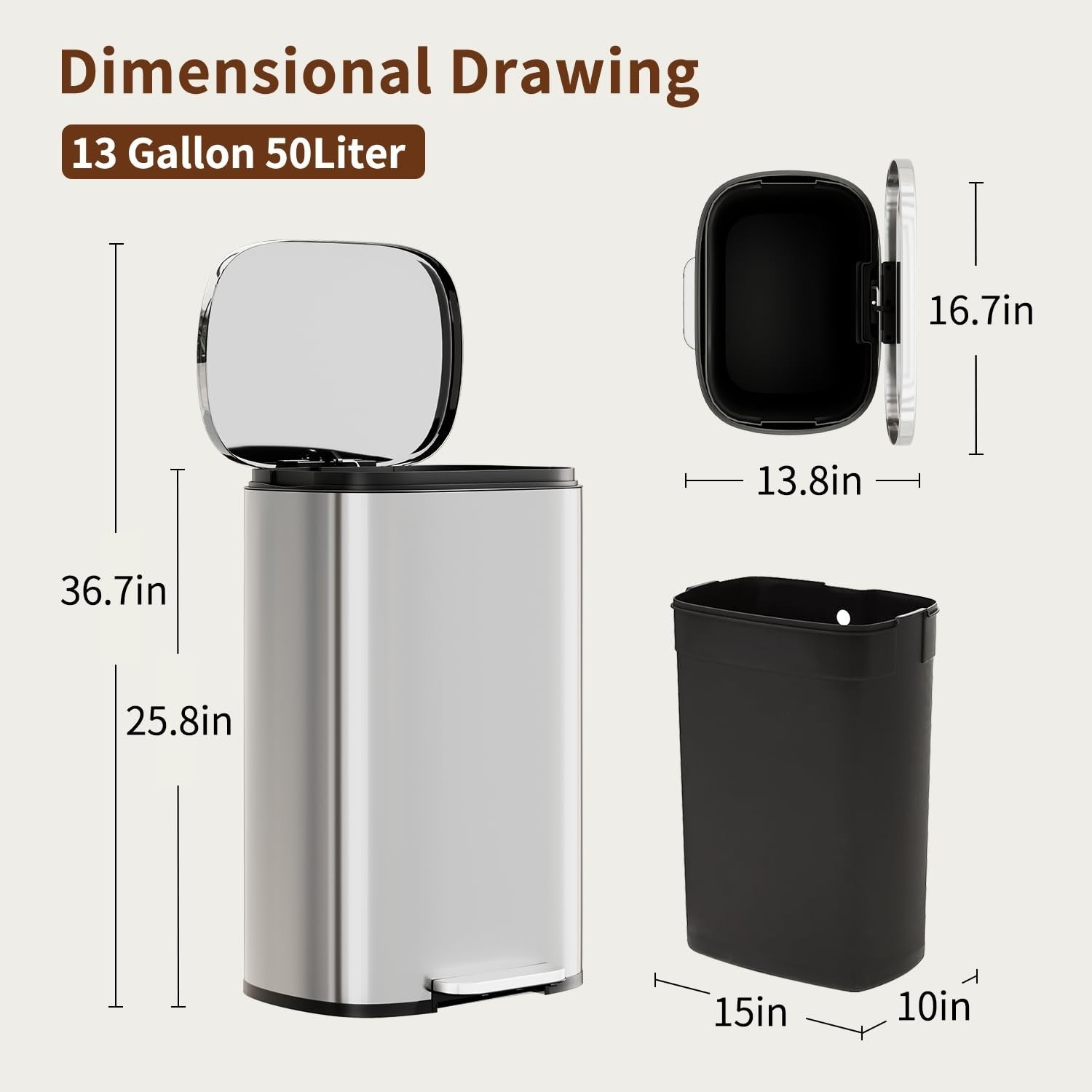 13G Stainless Steel Trash Can with Lid, Soft-Close Step Pedal, Removable Inner B6