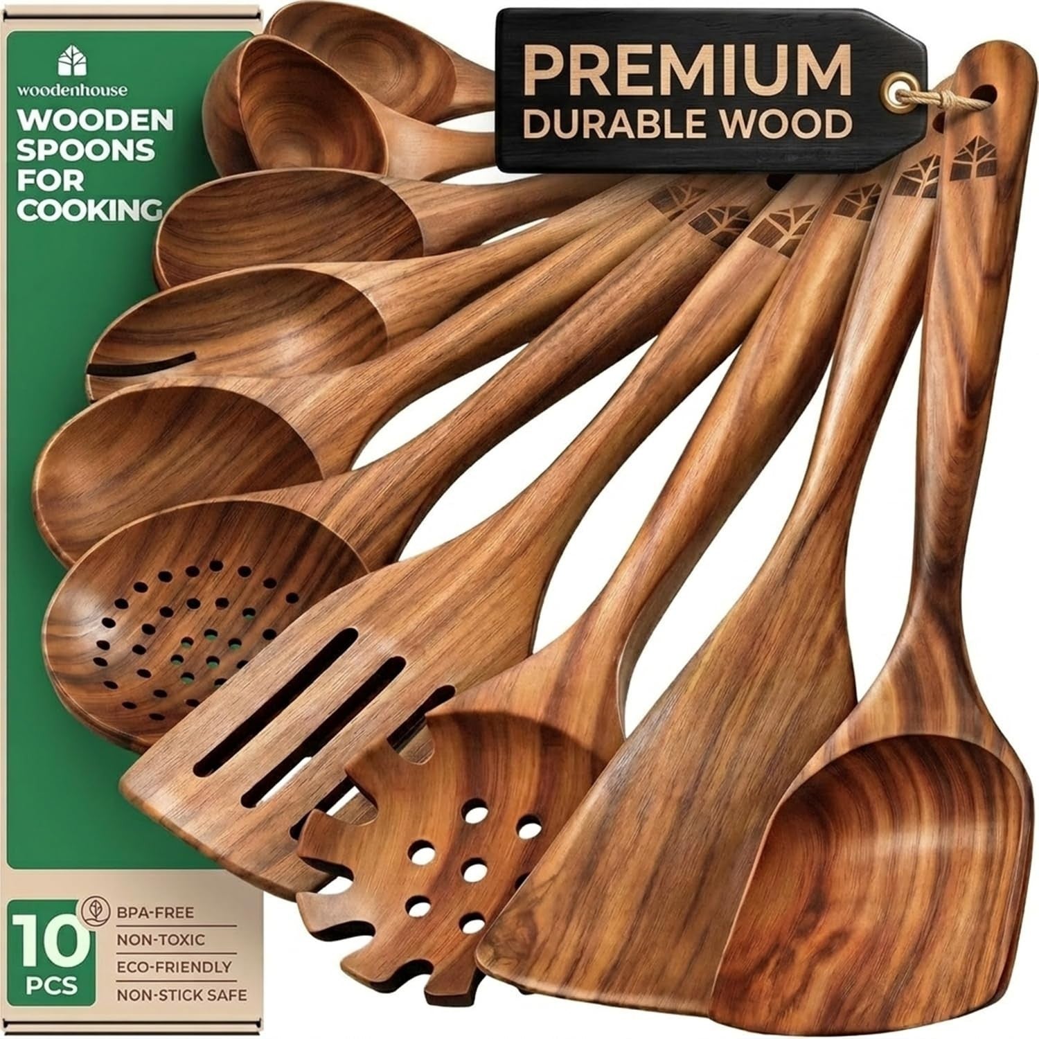10 Pcs Wooden Cooking Spoons Set   Durable Teak Utensils, Heat Resistant, Food S1