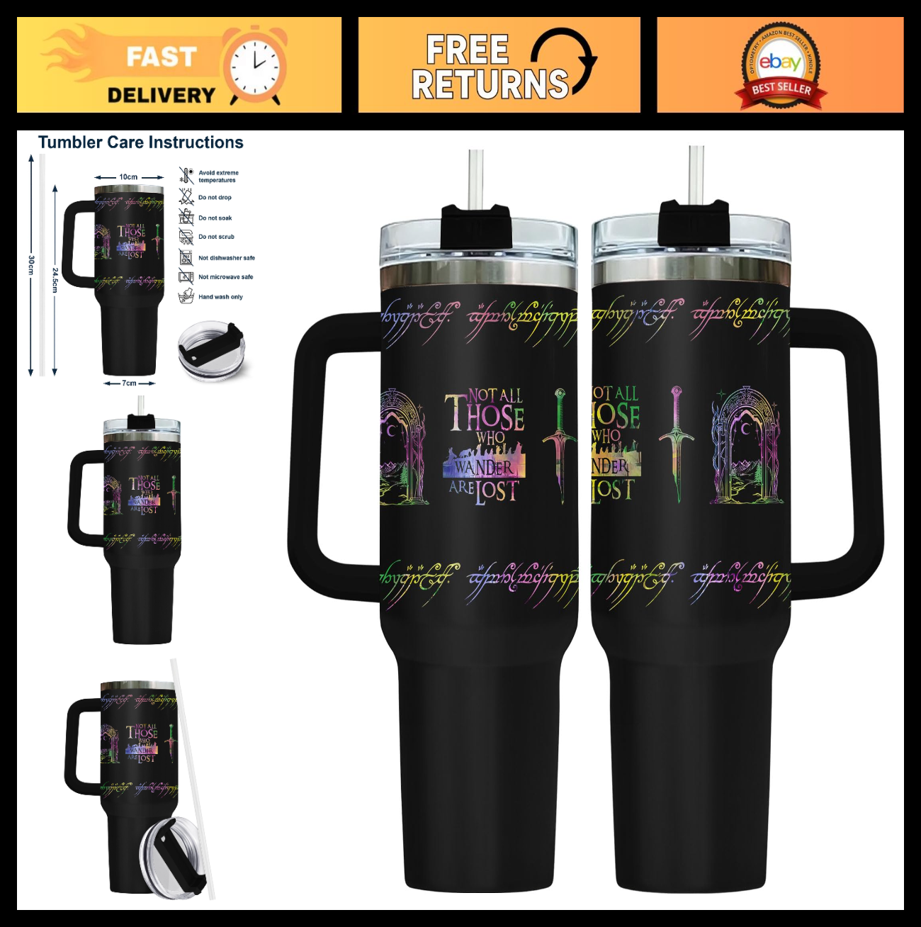 40oz Insulated Travel Mug with Handle & Straw   Fantasy Wanderer Tumbler, Bookis0