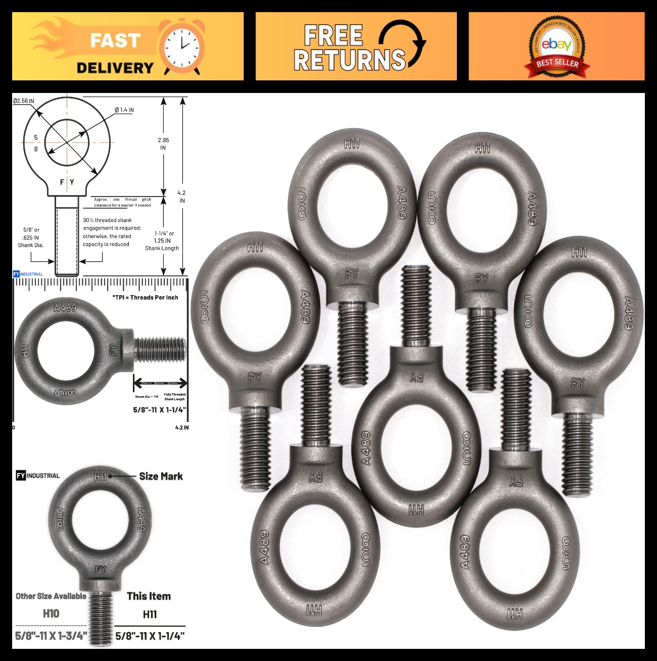 7 Pcs Lifting Shoulder Eye Bolts 5/8"-11 X 1-1/4" Heavy Duty Hardware Set0