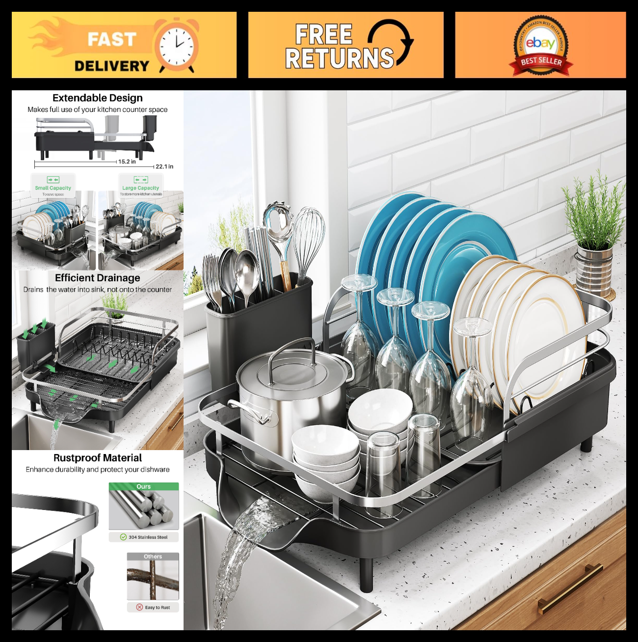Expandable Dish Drying Rack for Kitchen Counter, Rust Resistant Stainless Steel,0
