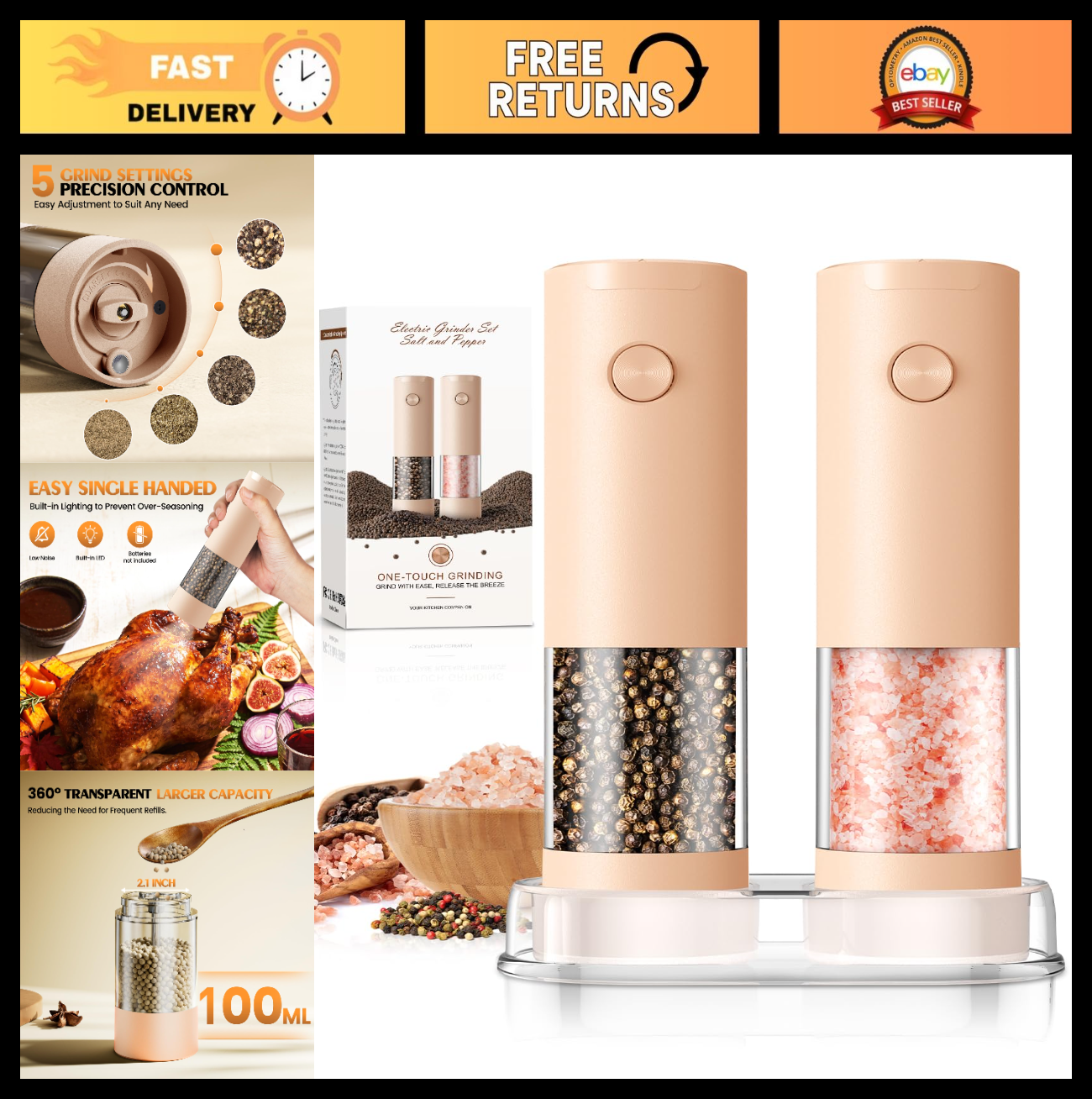 Automatic Electric Salt and Pepper Grinder Set   Adjustable Coarseness, LED, Lar0