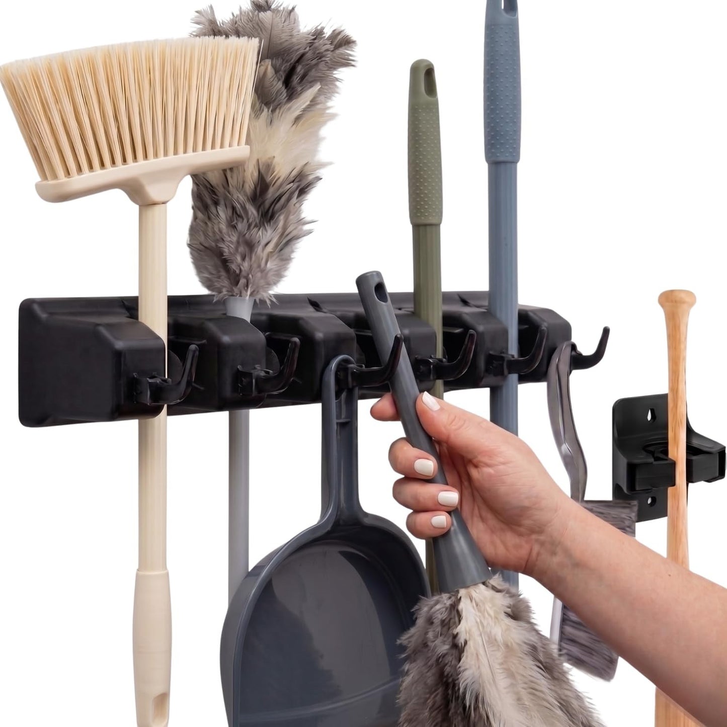 5 Slot Broom Holder & Mop Gripper - Wall Mount Tool Organizer, No-Drill, Anti-Sl0