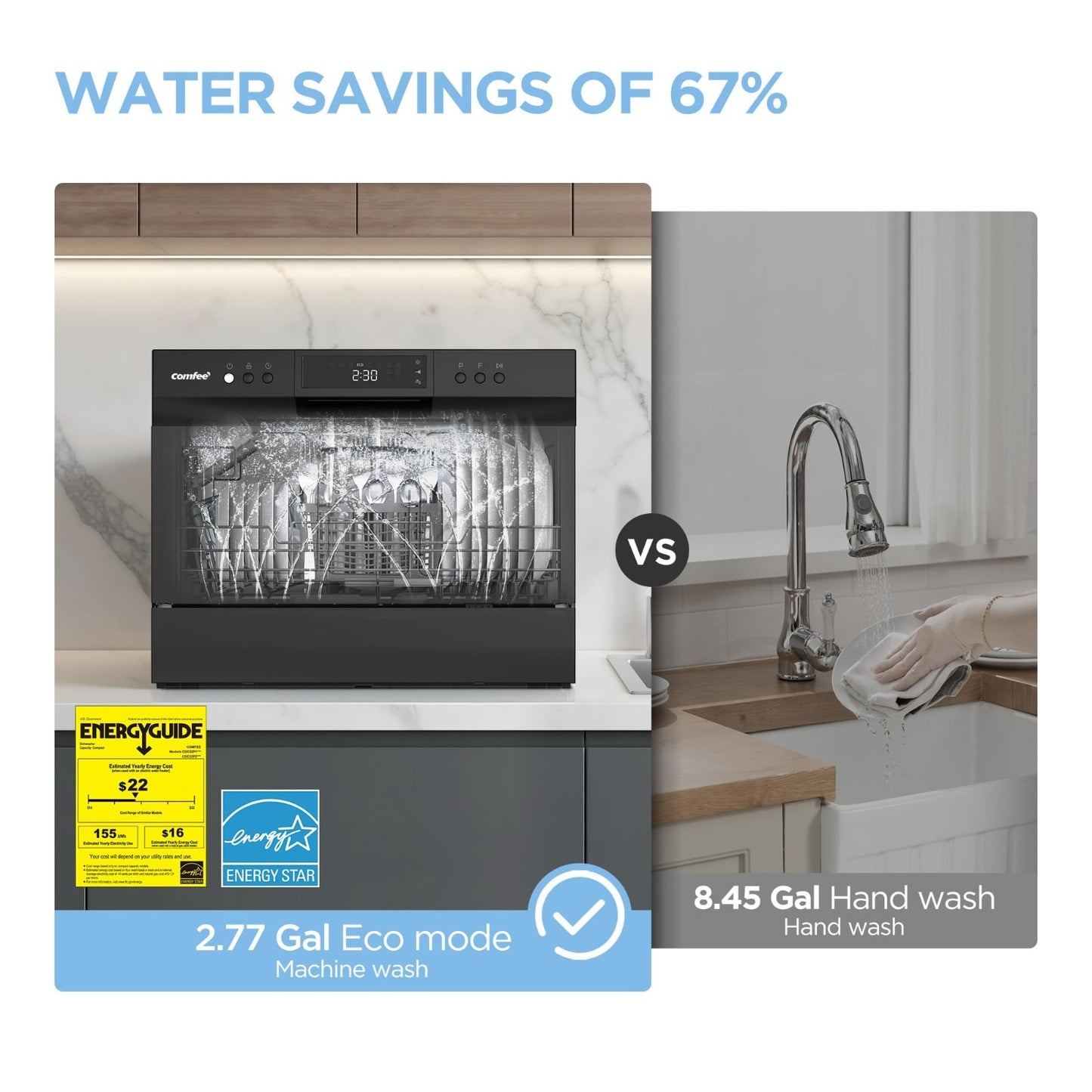 Portable Countertop Dishwasher - Energy Star, 6 Place Settings, 8 Wash Programs,7
