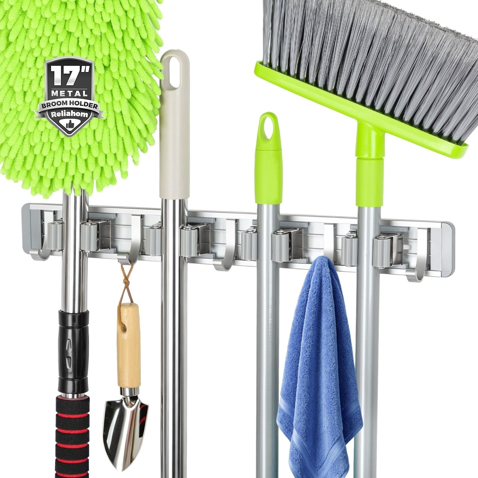 Wall Mount Broom Holder & Mop Hanger - 4 Racks & 5 Hooks Tool Organizer1