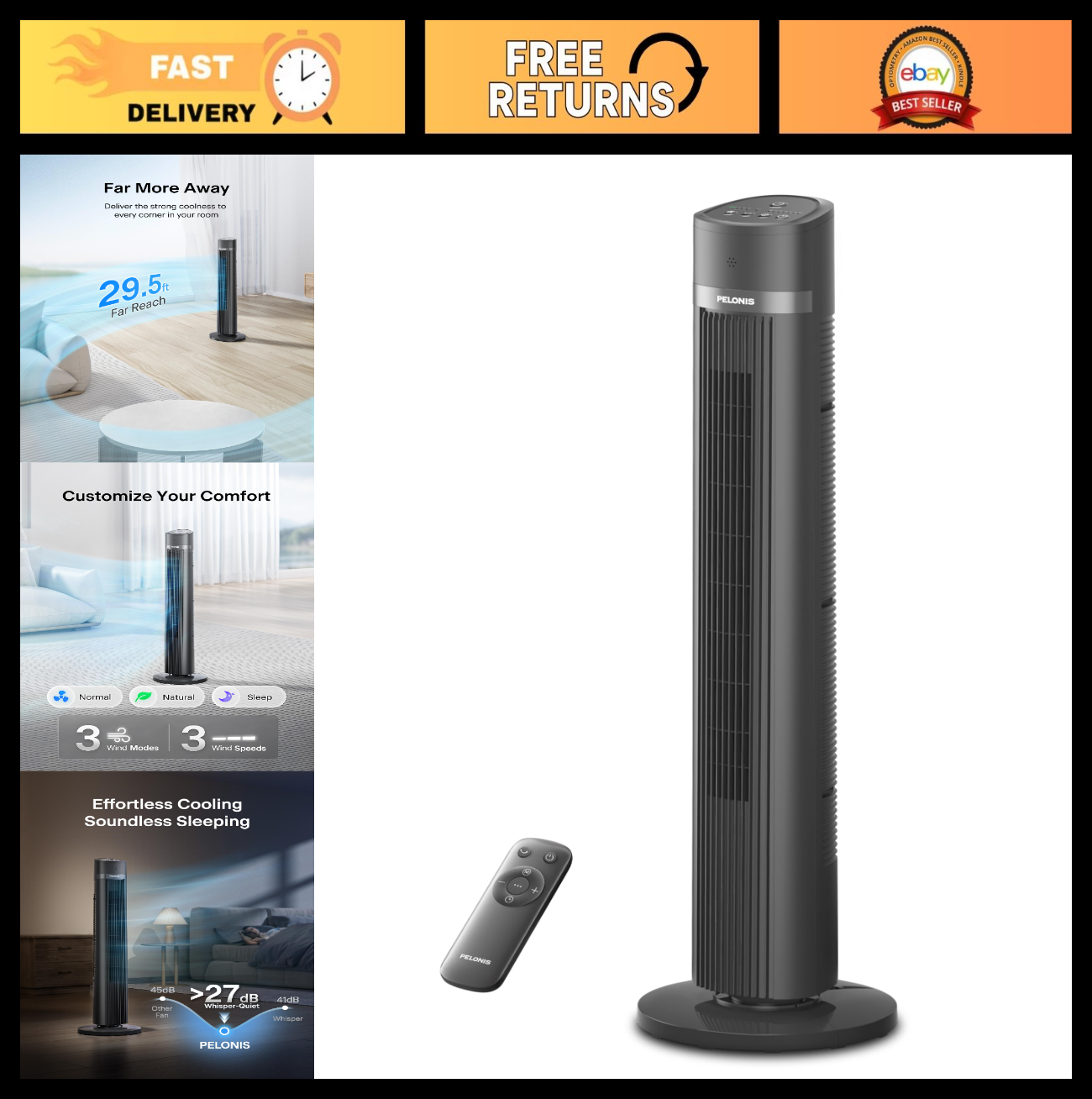 40" Bladeless Tower Fan with Remote, 90° Oscillation, 3 Speeds, Quiet 27dB, Time0