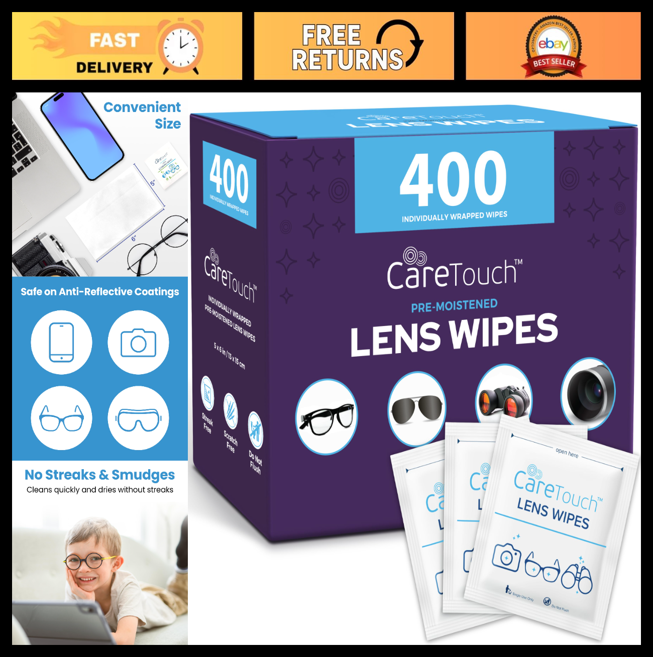 400 Count Eyeglass Lens Wipes - Pre-Moistened, Individually Wrapped, Portable Cl0