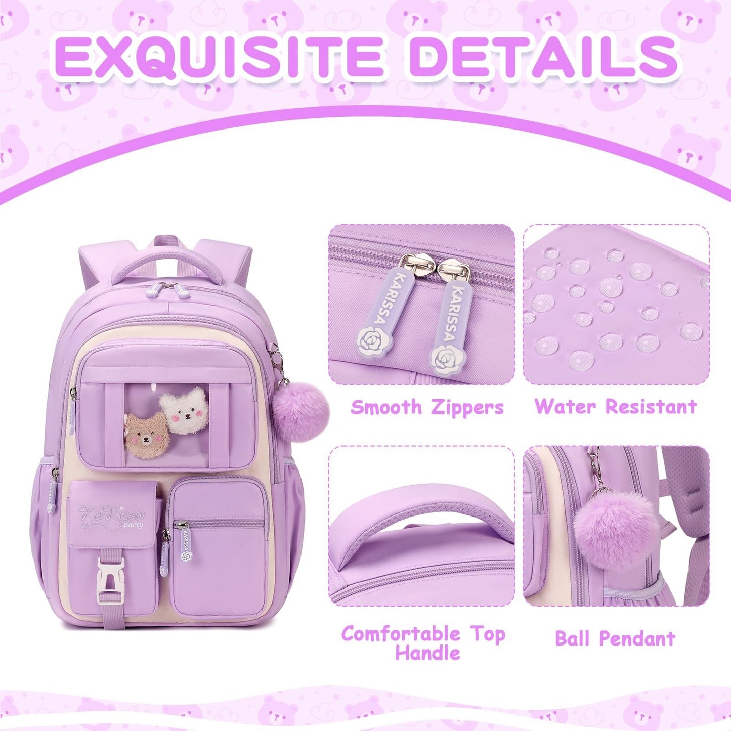 Kawaii Girls Backpack - Cute School Bag for Middle & Elementary Students, Purple4
