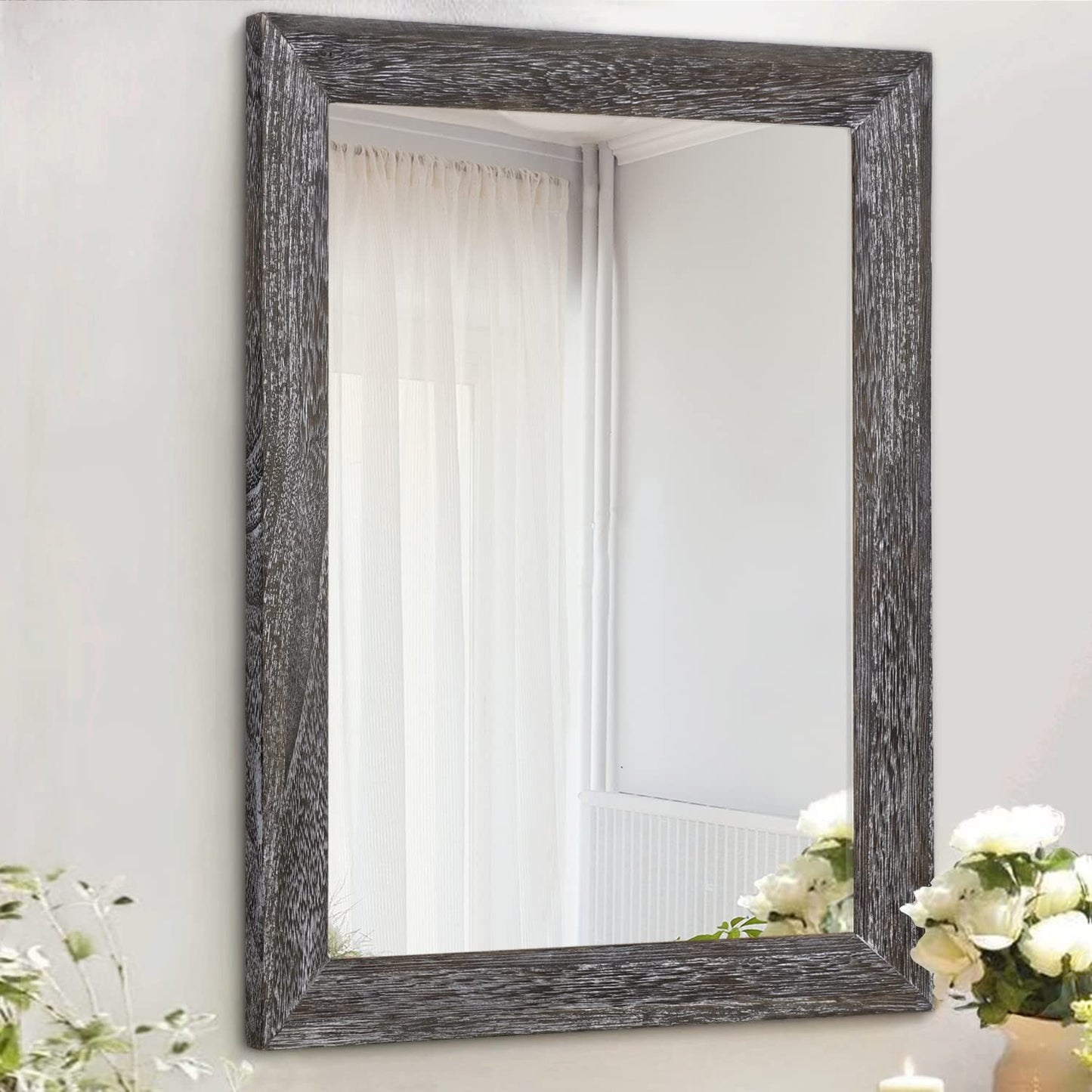 Rustic Rectangle Wall Mirror with Wood Frame - Decorative Hanging Mirror for Hom1