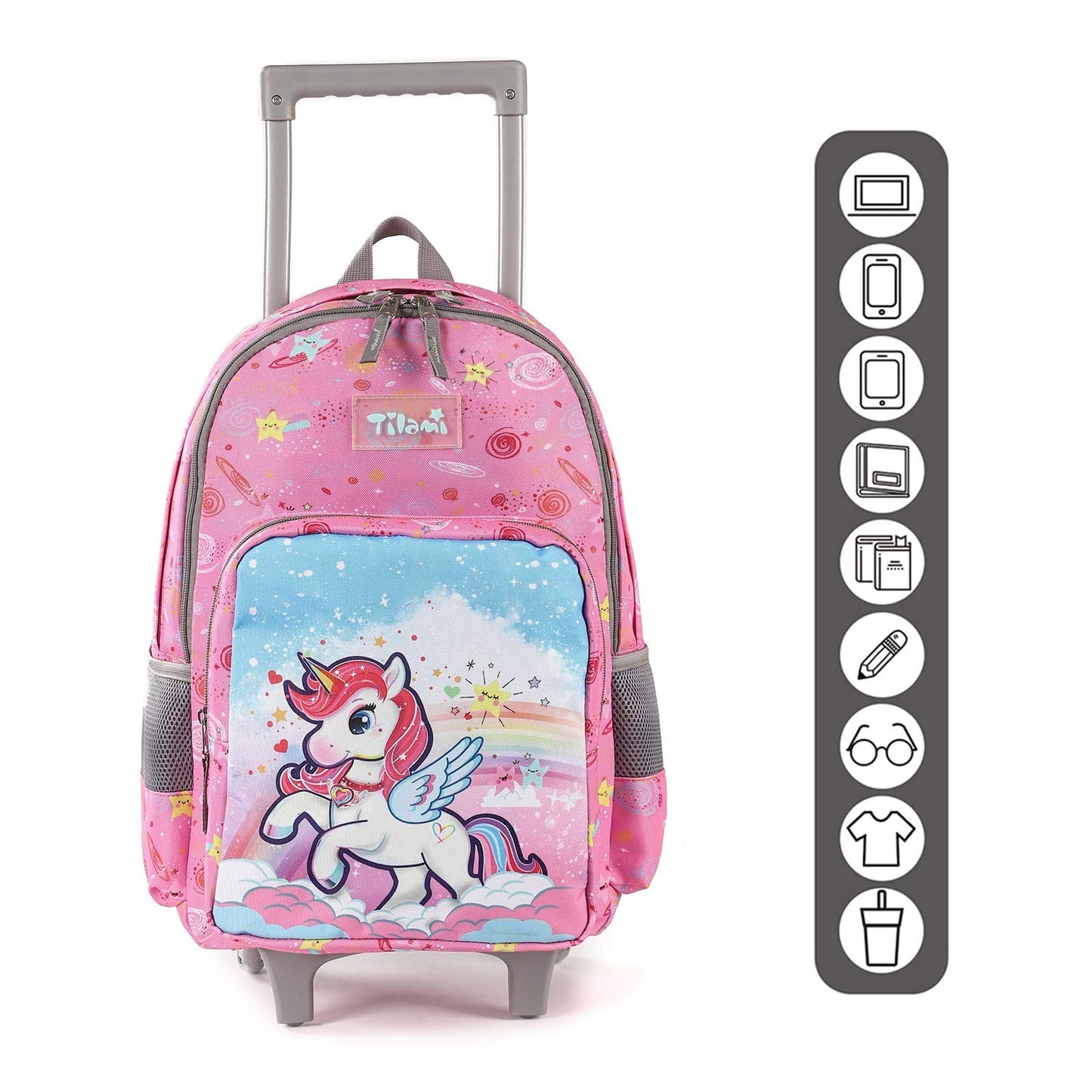 Wheeled Kids Backpack 18" with Lunch Bag, Double Handle, Pink Unicorn Design3
