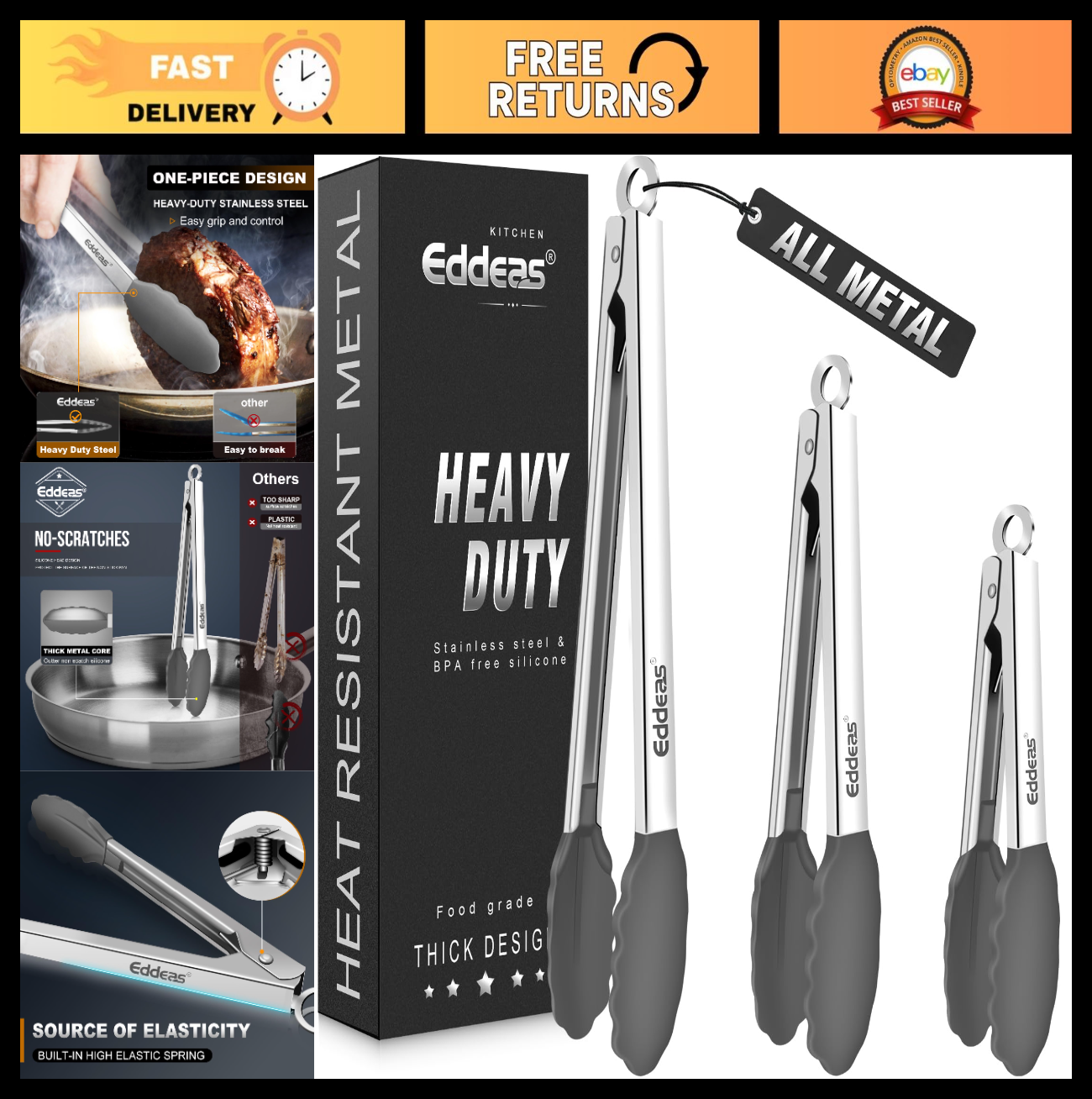 Heat Resistant Silicone Tongs Set   7" 9" 12" Metal Locking Kitchen Tools, Heavy0