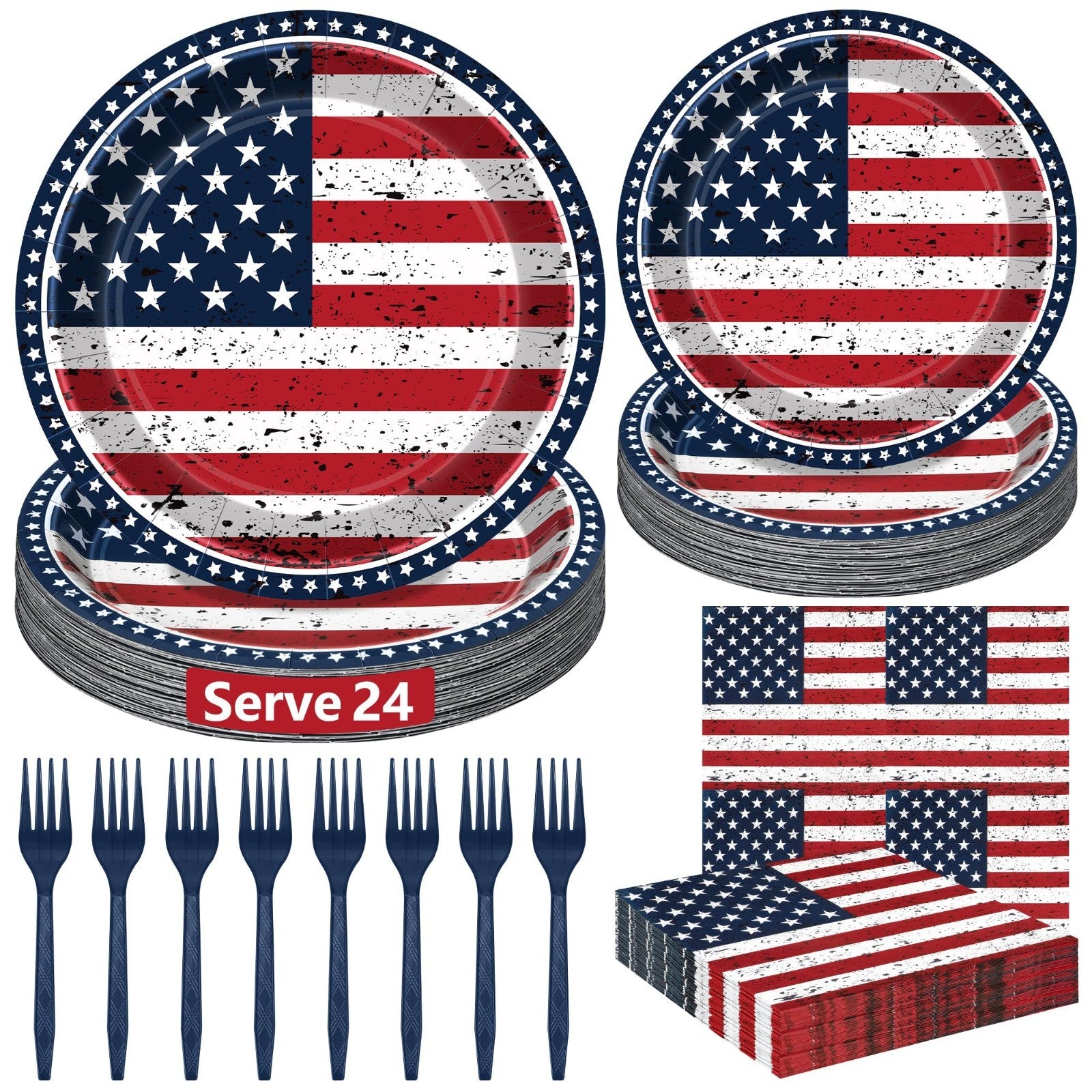 96PCS 4th of July Party Supplies - American Flag Plates, Napkins & Forks Set1