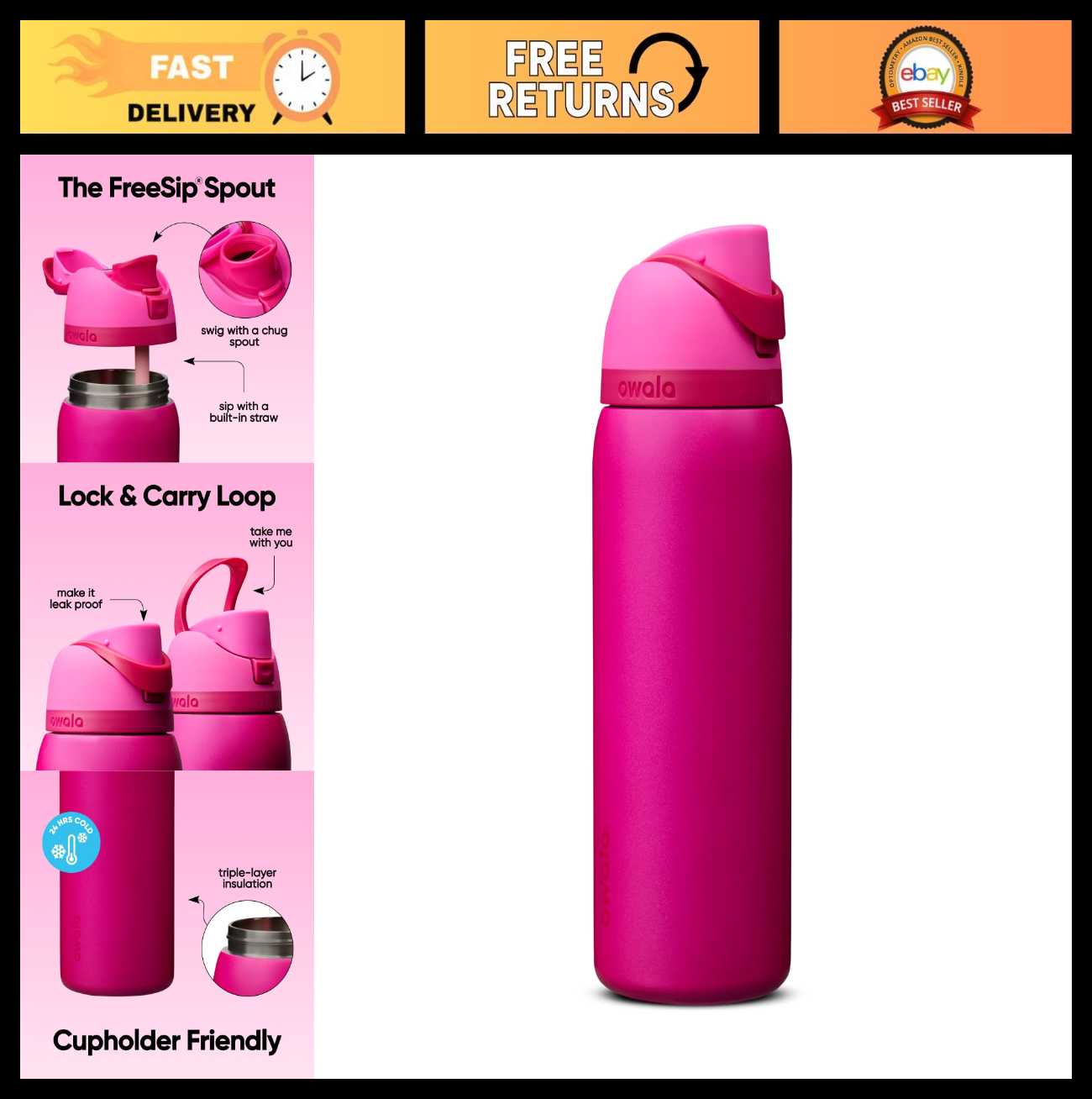 Insulated Stainless Steel Water Bottle 32 Oz with Straw, BPA Free, Travel Friend0