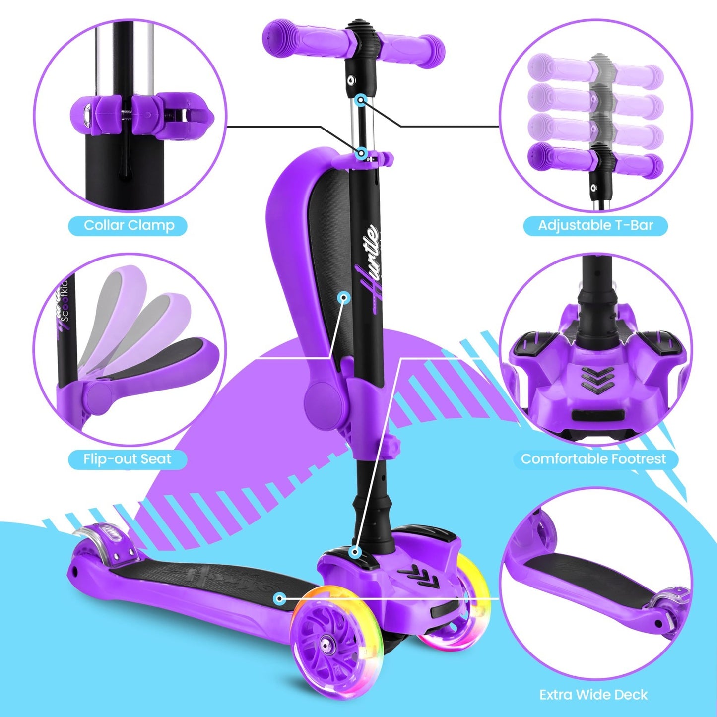 3-Wheeled Kids Scooter with LED Lights, Adjustable Handlebar, Foldable Seat, Sit3