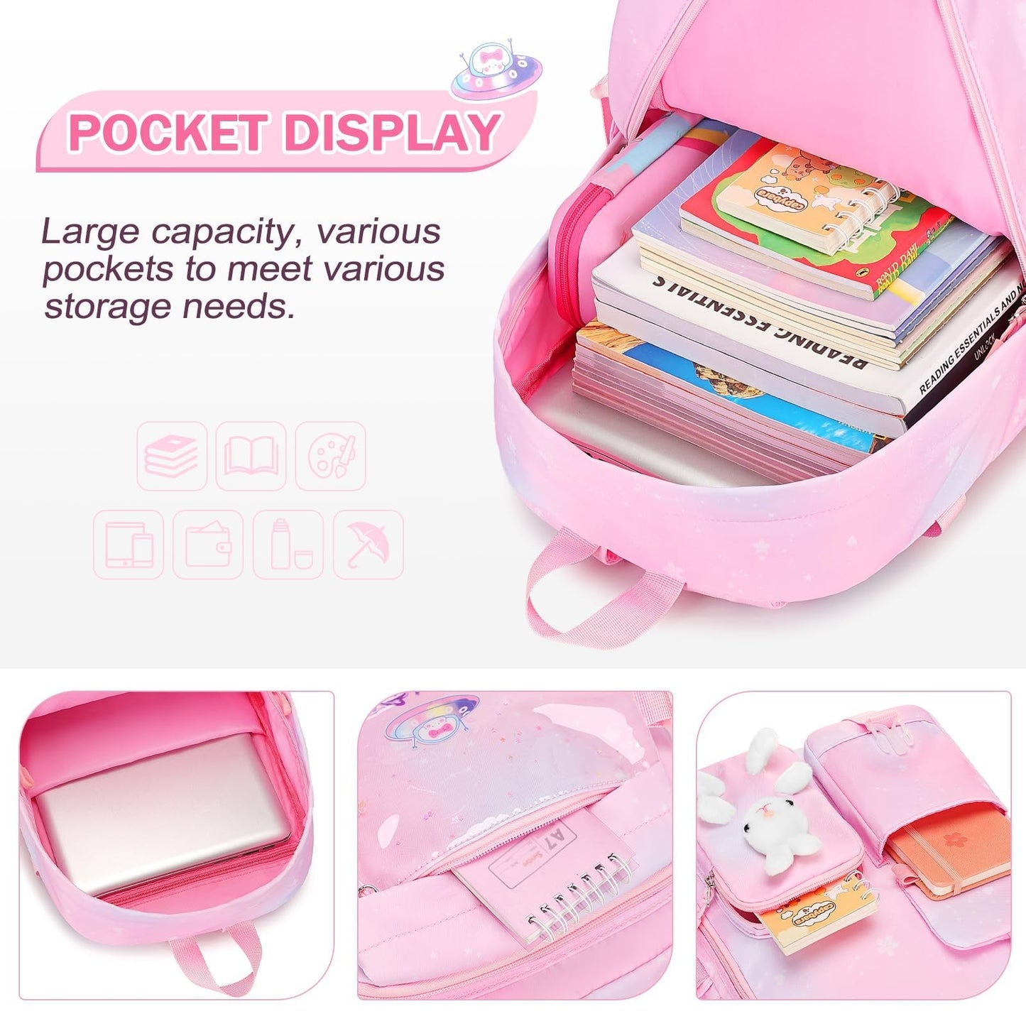 Kawaii Bunny Girls Backpack Set 3PCS   School Bag with Lunch Box & Pencil Case,3