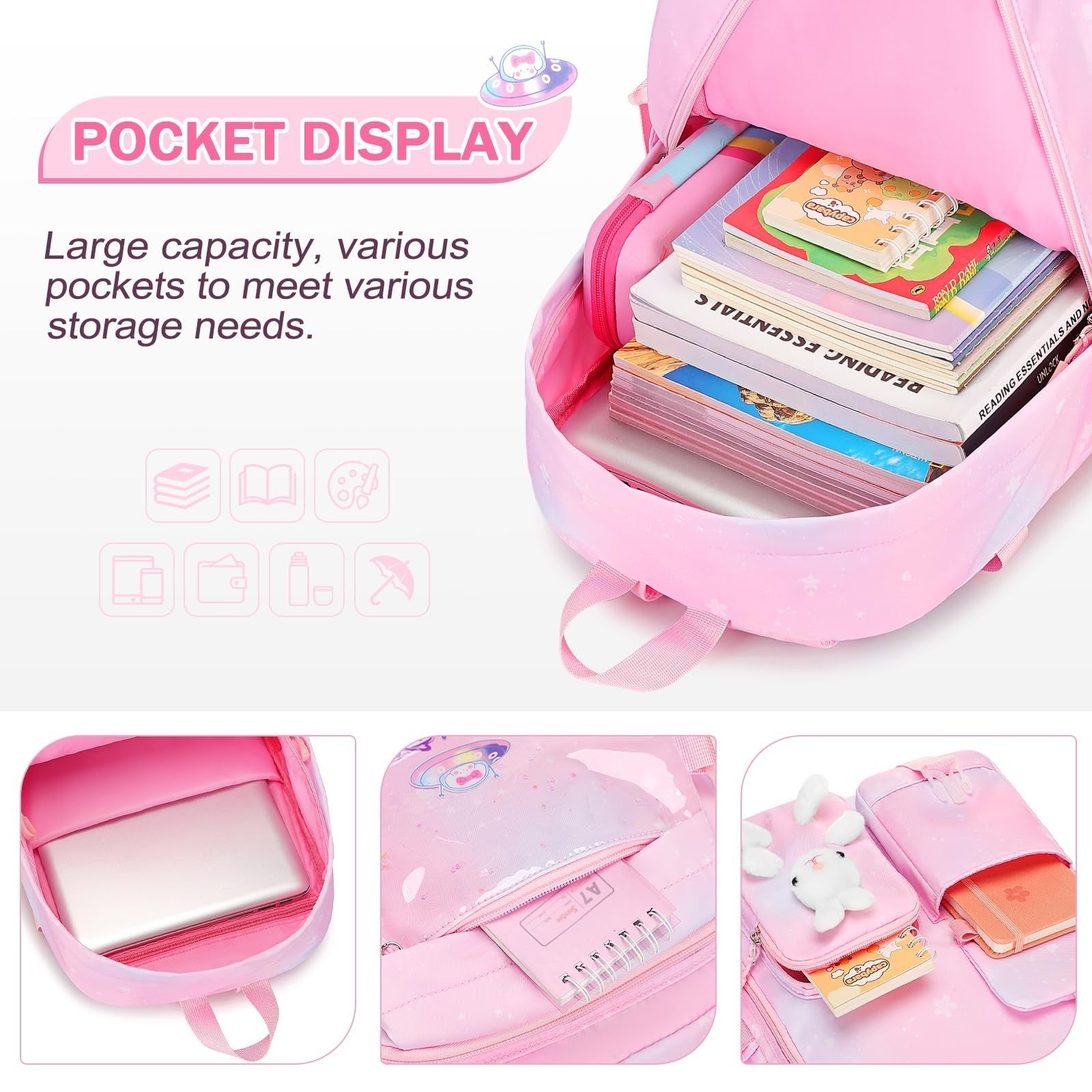 Kawaii Bunny Girls Backpack Set 3PCS   School Bag with Lunch Box & Pencil Case,3