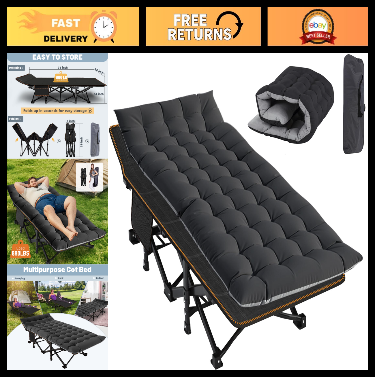 Folding Camping Cot for Adults, 28" Wide, 880 lbs Capacity, Padded with Carry Ba0