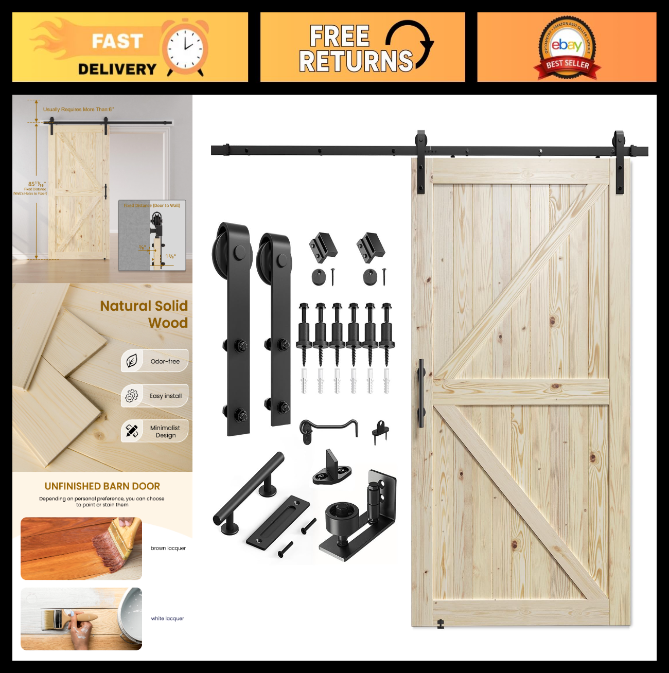 48" x 84" Unfinished Solid Spruce Sliding Barn Door & 8ft Hardware Kit   DIY, St0