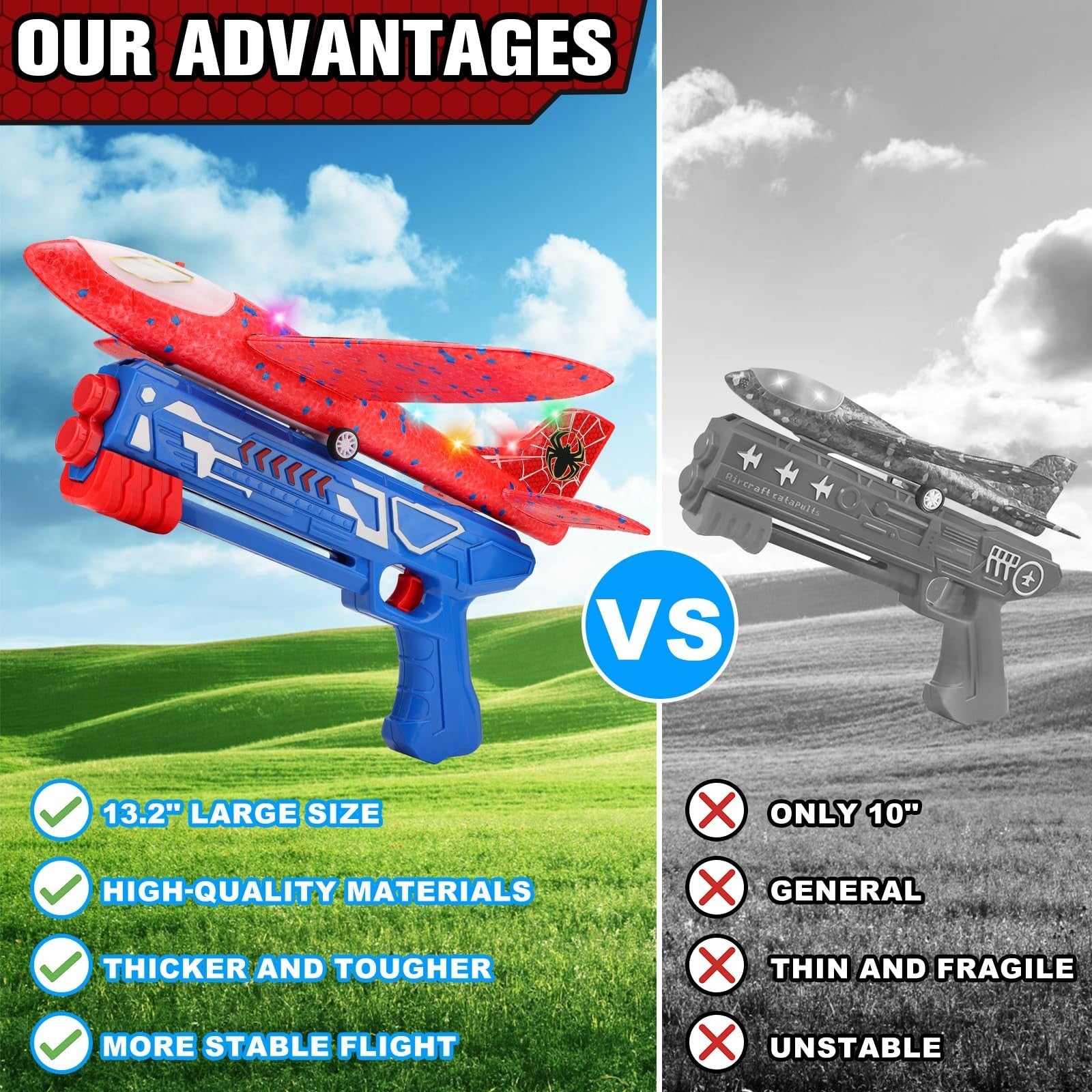 3 Pack LED Foam Glider Airplane Launcher Toys | Catapult Plane, 2 Flight Modes,4