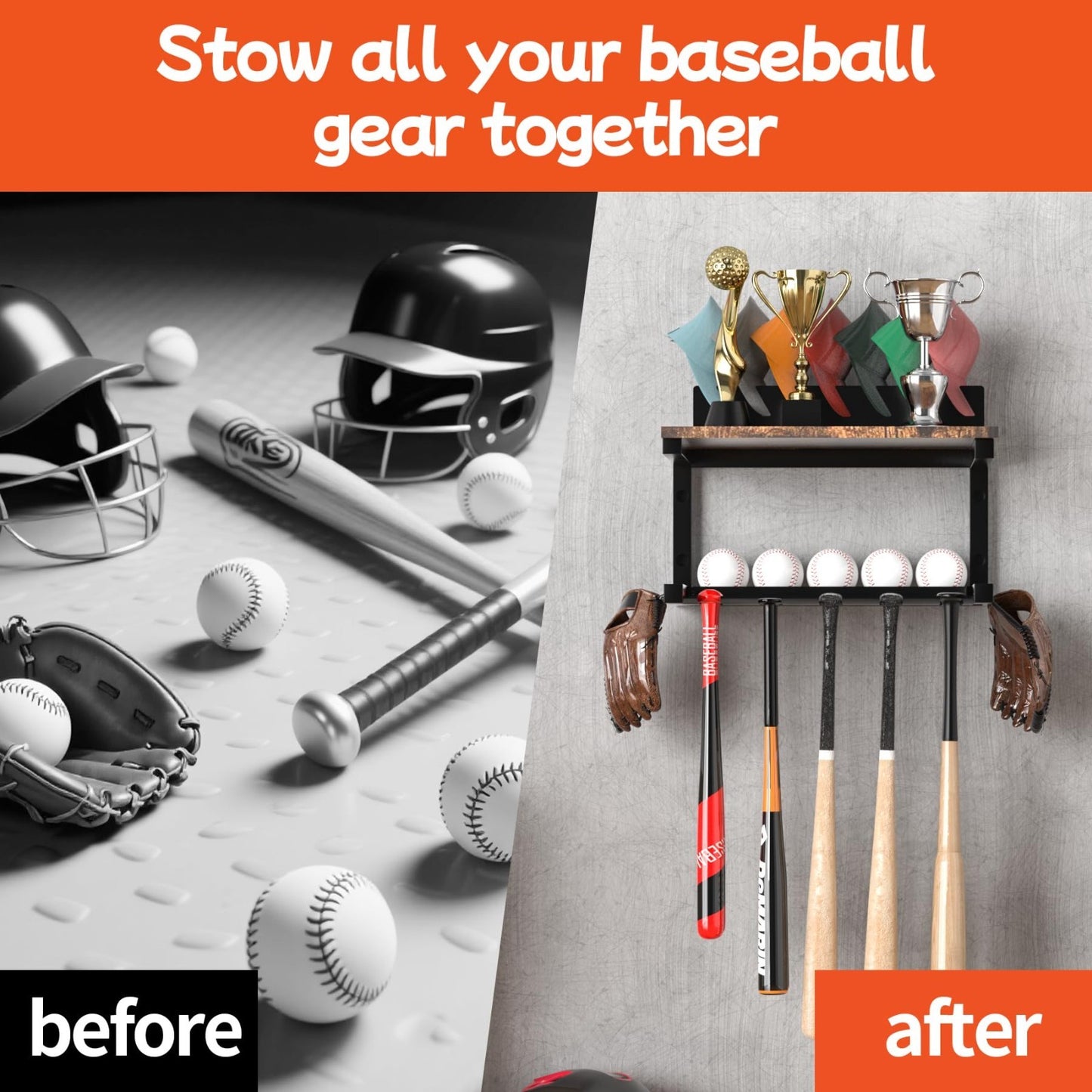 Wall Mount Baseball Bat Rack & Cap Holder   10 Bat Metal Storage, 5 Prongs, Blac14