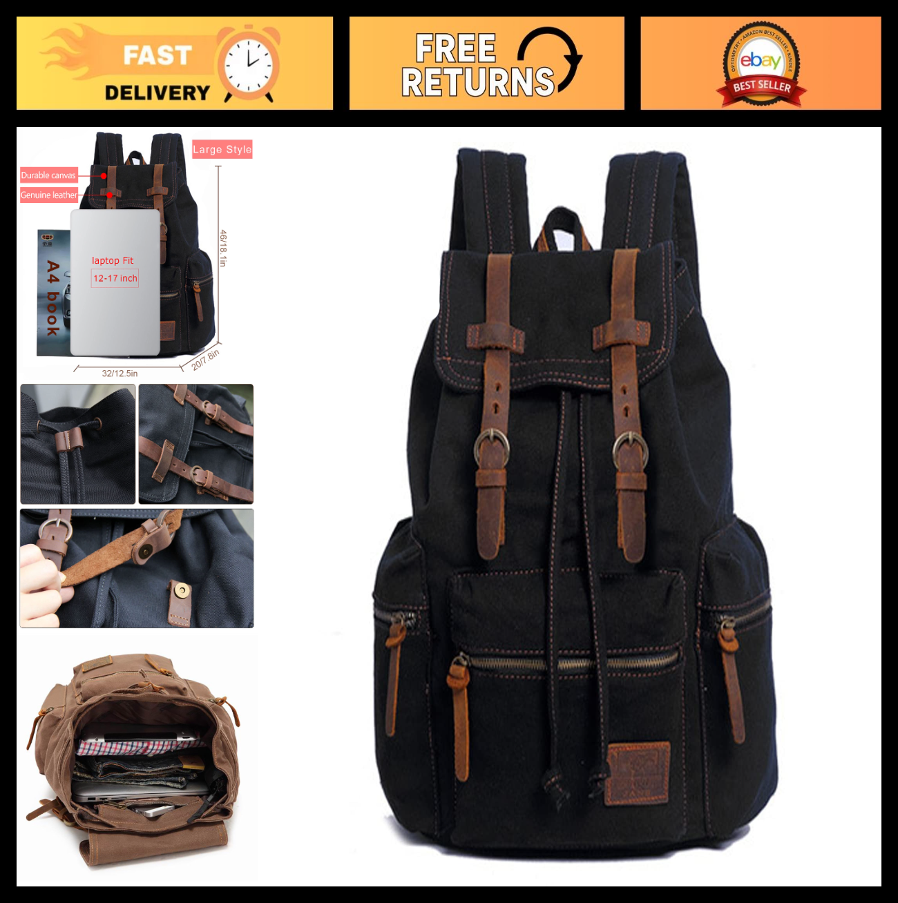 High Capacity Vintage Canvas Backpack for School & Travel   Fits 12 15.6" Laptop0