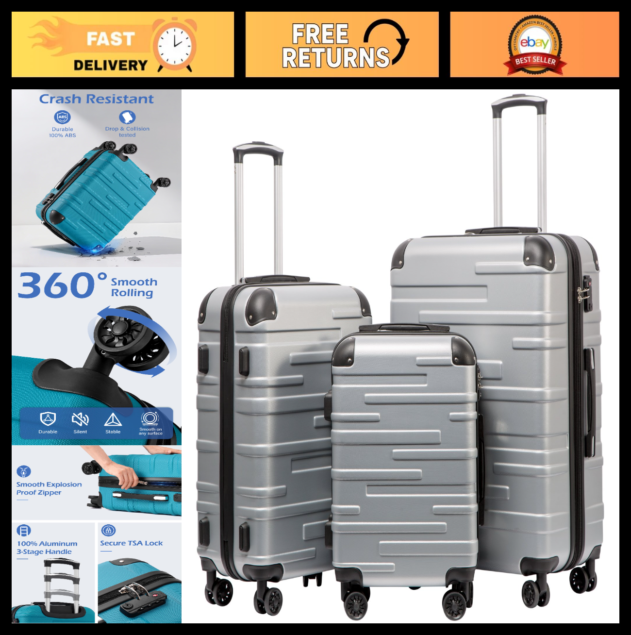 3-Piece Hardside Luggage Set - ABS Shell, TSA Lock, 360° Spinner Wheels, Scratch0