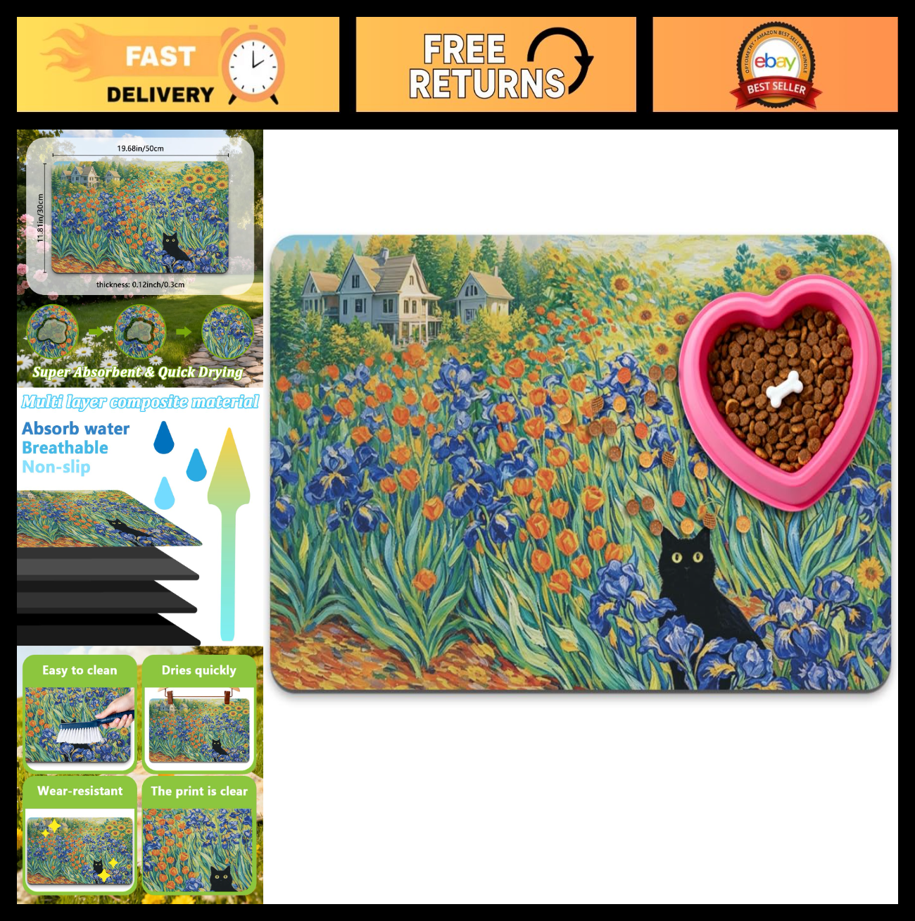 Floral Cat Dog Feeding Mat 12"x20" - Non-Slip, Quick-Dry, Absorbent Floor Protec0