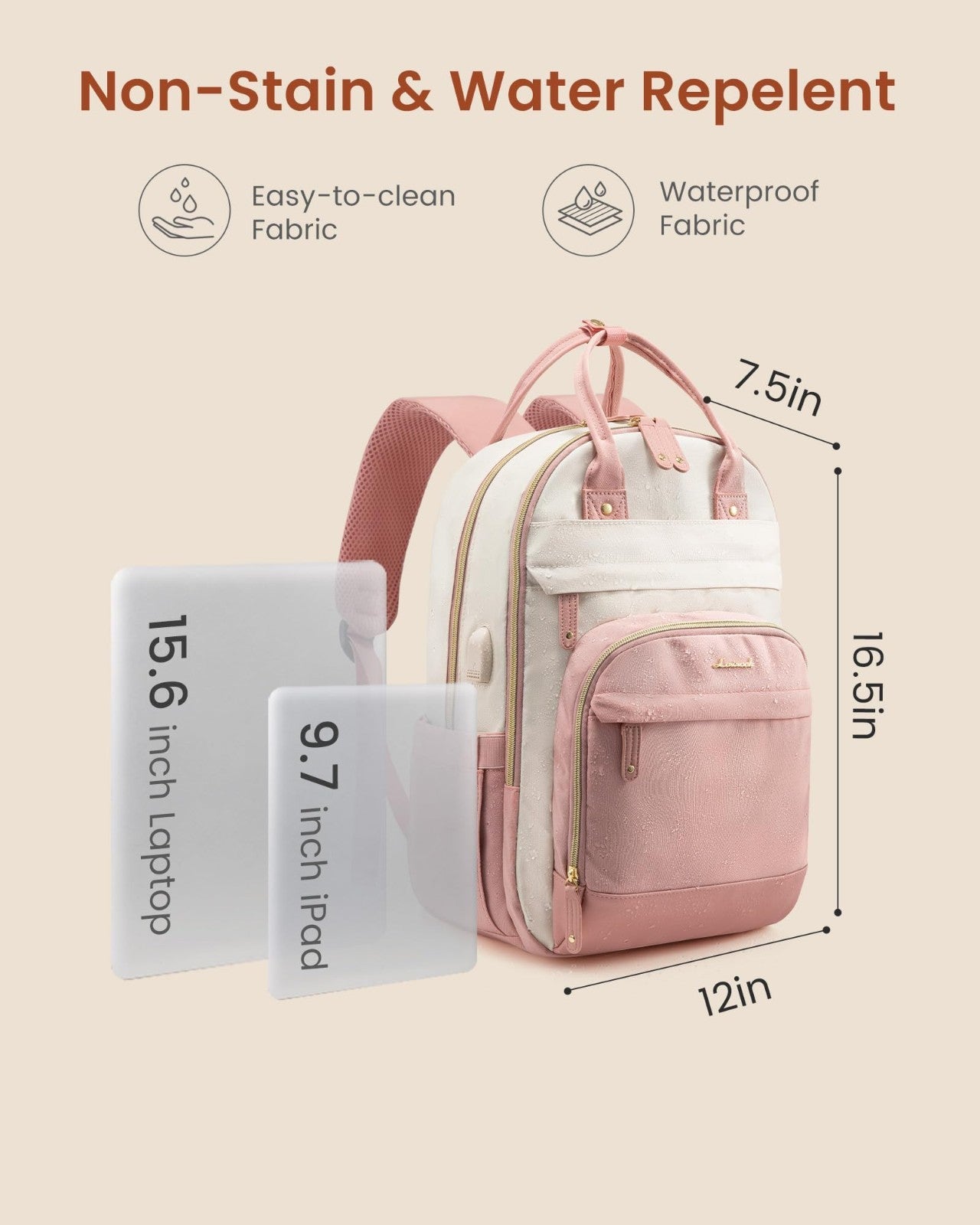 Stylish Women's Laptop Backpack, 15.6" Waterproof Anti Theft School Bag, Beige P3