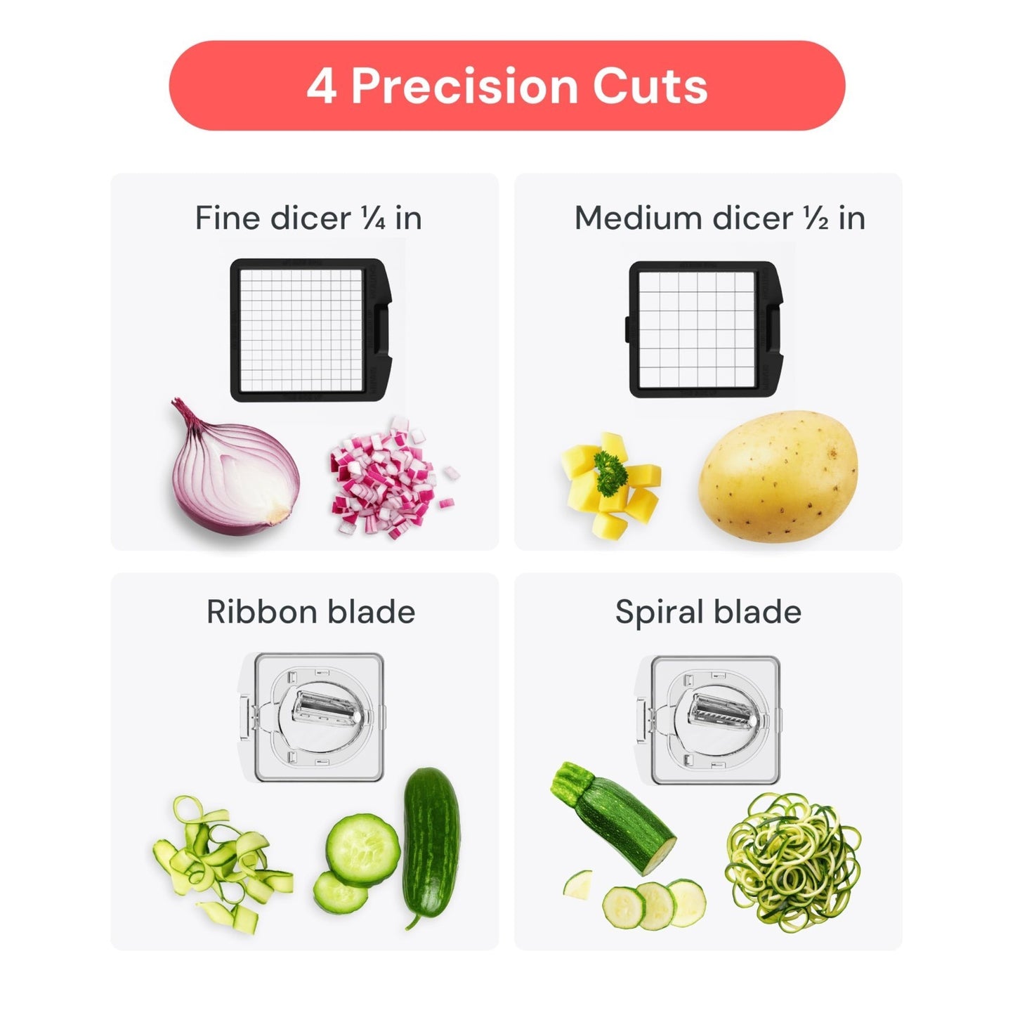 4 in 1 Vegetable Chopper & Spiralizer, Sharp Stainless Steel Slicer, Onion & Fru4