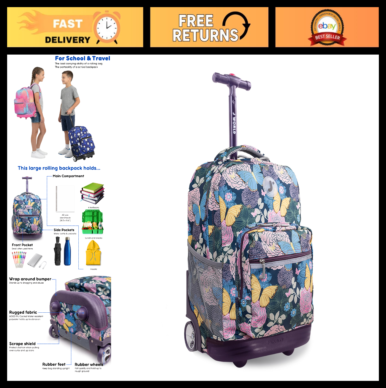 Kids Rolling Backpack with Wheels, 18" School Bookbag for Girls & Boys, Floral D0