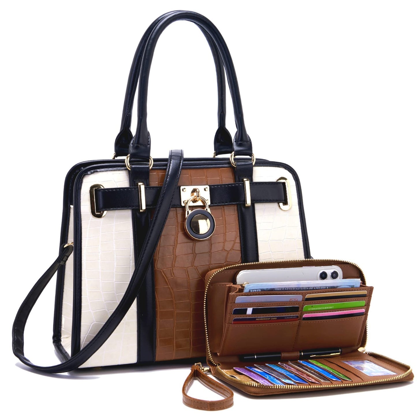 Stylish Women's Structured Satchel Tote Handbag Set with RFID Wallet - Chic Purs1