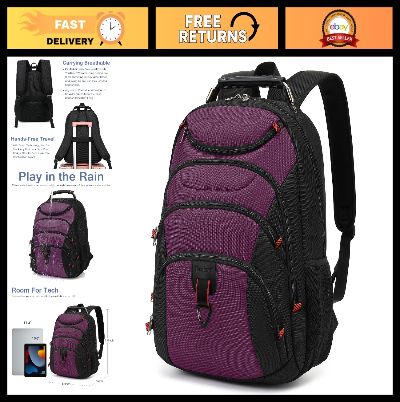 15.6" Waterproof Laptop Backpack with USB Port, Anti Theft Travel Bag, Purple/Bl0