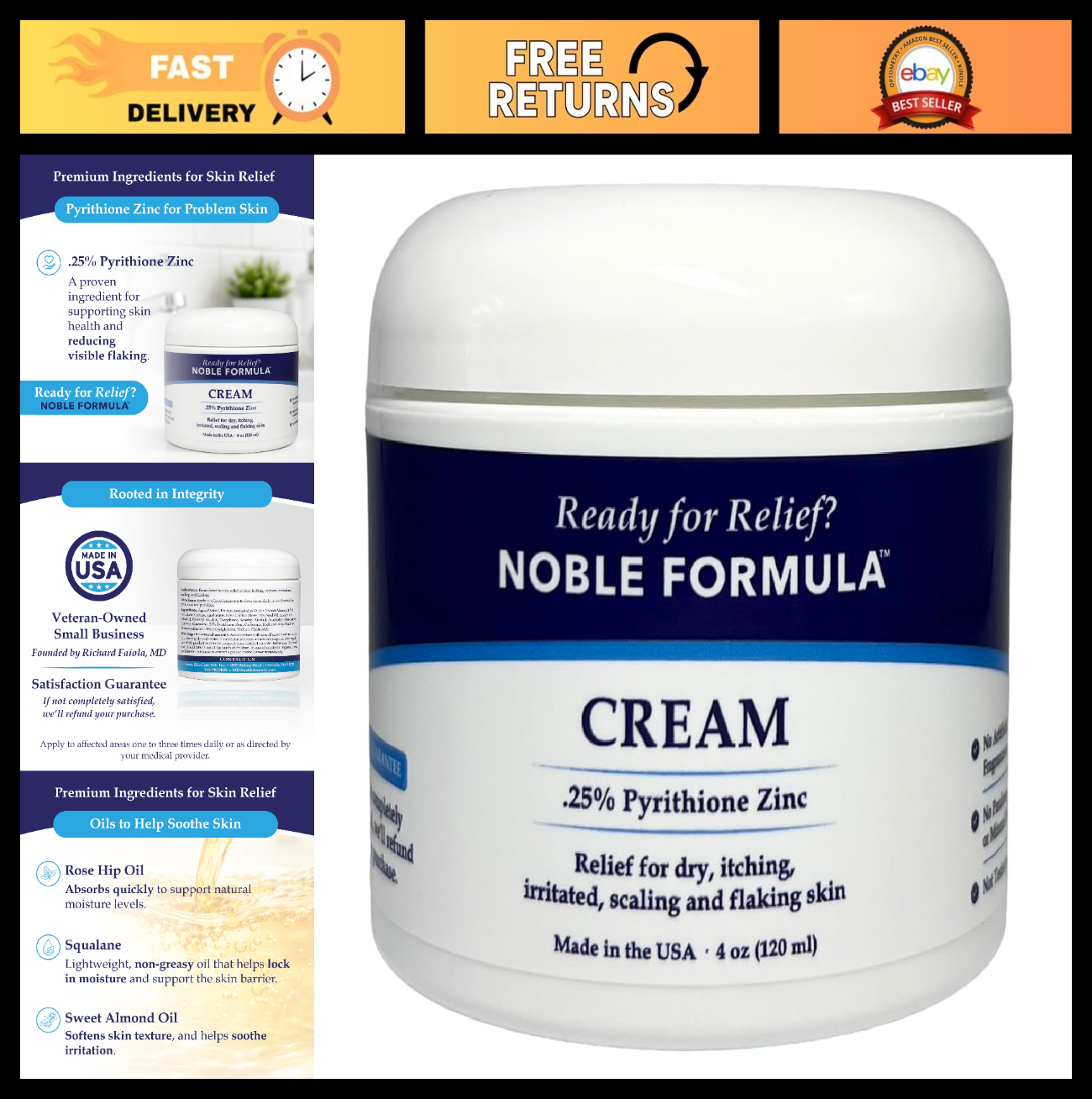 Pyrithione Zinc Cream 0.25% for Itchy Dry Skin, 4 oz | Rosehip Oil, Squalane, Vi0