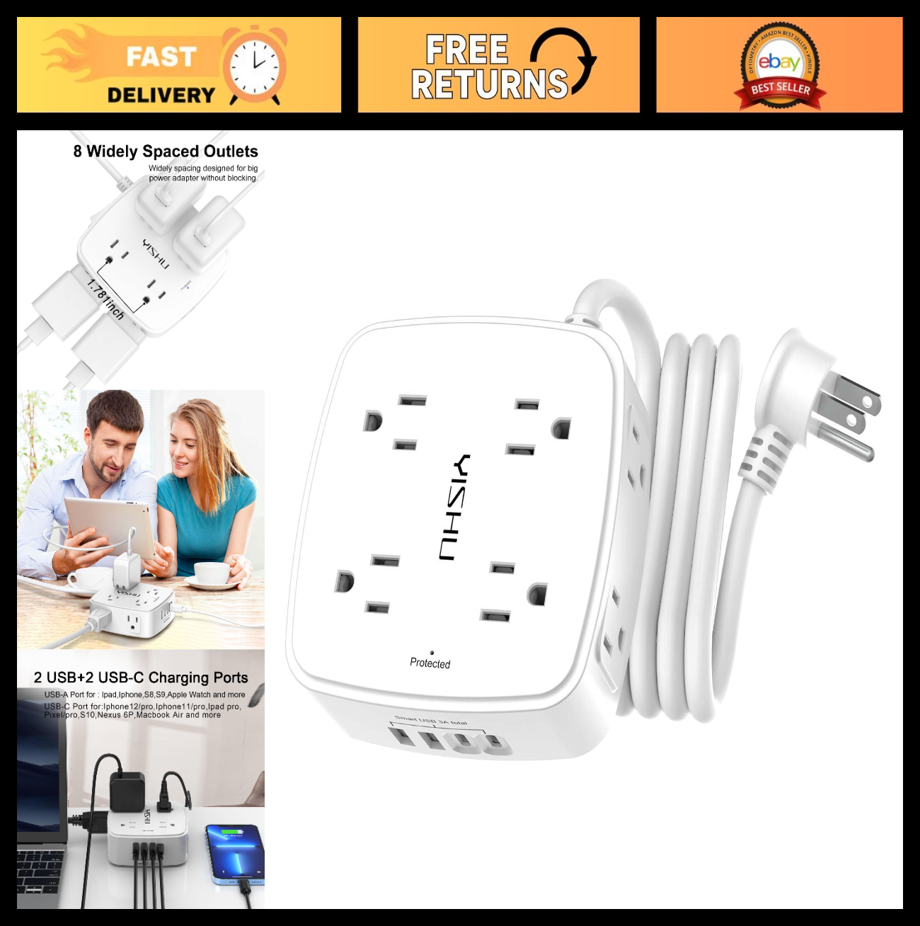 6FT Power Strip Surge Protector, 8 Outlets & 4 USB Charging Ports, Heavy Duty0