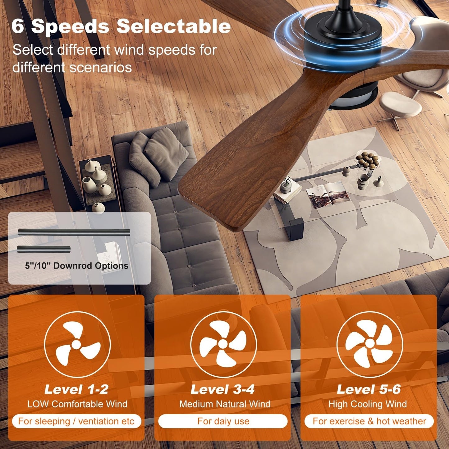 52” Outdoor Ceiling Fan with Light, Walnut Blades, Remote Control, Dimmable LED,3