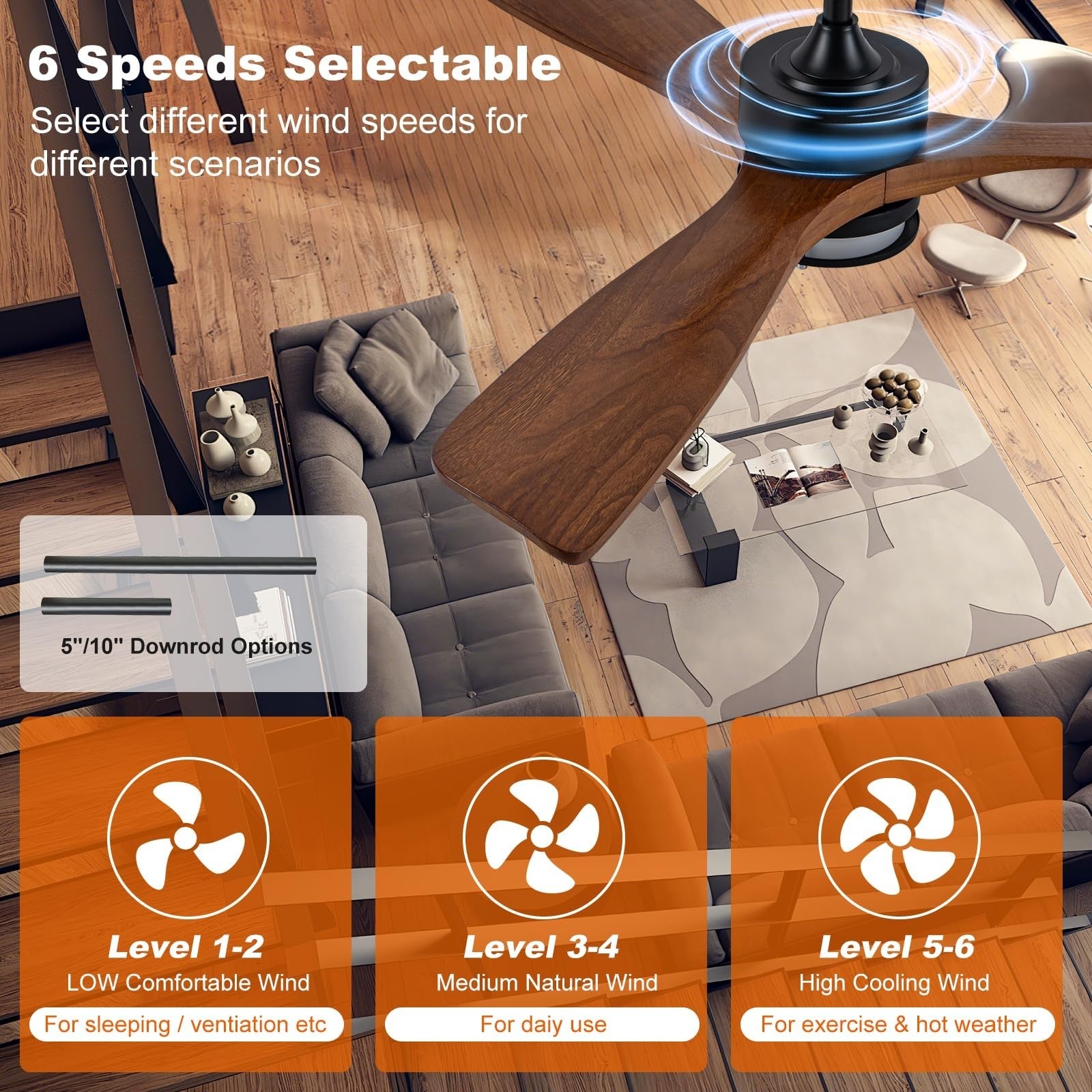 52” Outdoor Ceiling Fan with Light, Walnut Blades, Remote Control, Dimmable LED,3