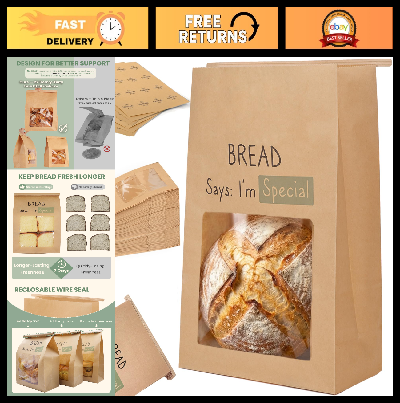 100PCS Kraft Bread Bags with Large Window - Perfect for Bakery & Homemade Loaves0