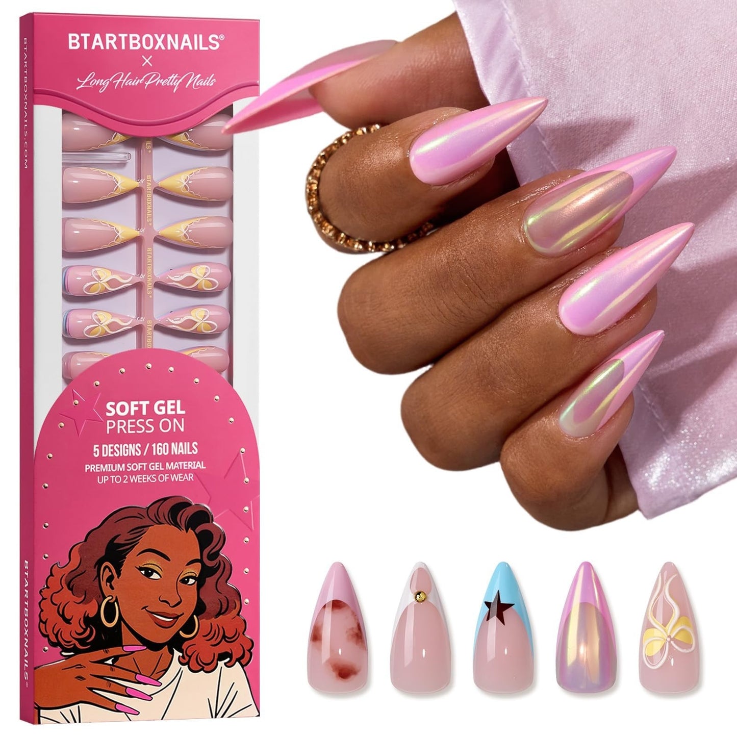 Soft Gel Press On Nails - Long Stiletto, 160 Pcs, 2+ Weeks Wear, Easy Apply, Sal1